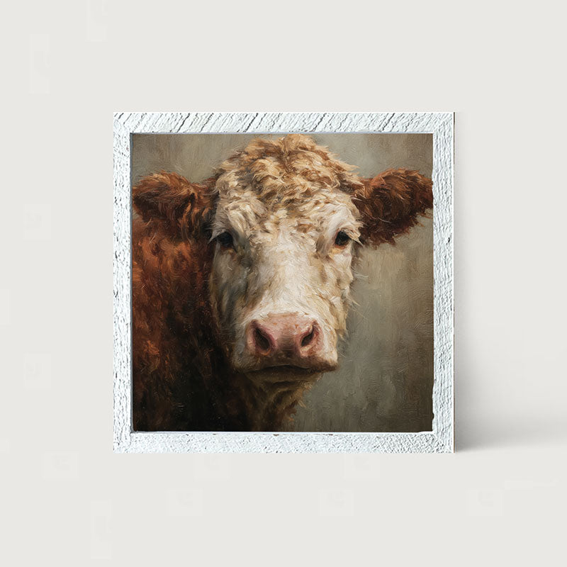 Farm Life Portrait - Brown and White Cow Close-up - Framed Art