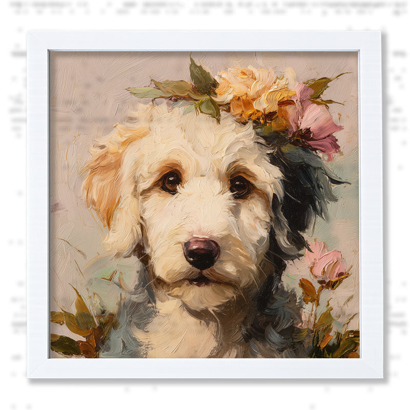 Spring Season White Labradoodle - Framed Art