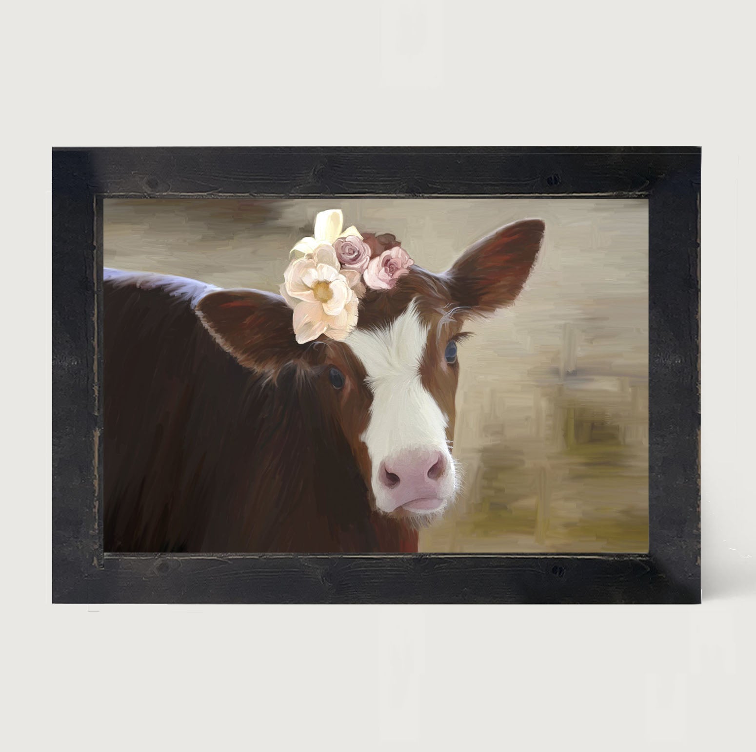 Baby cow with flowers - Framed art