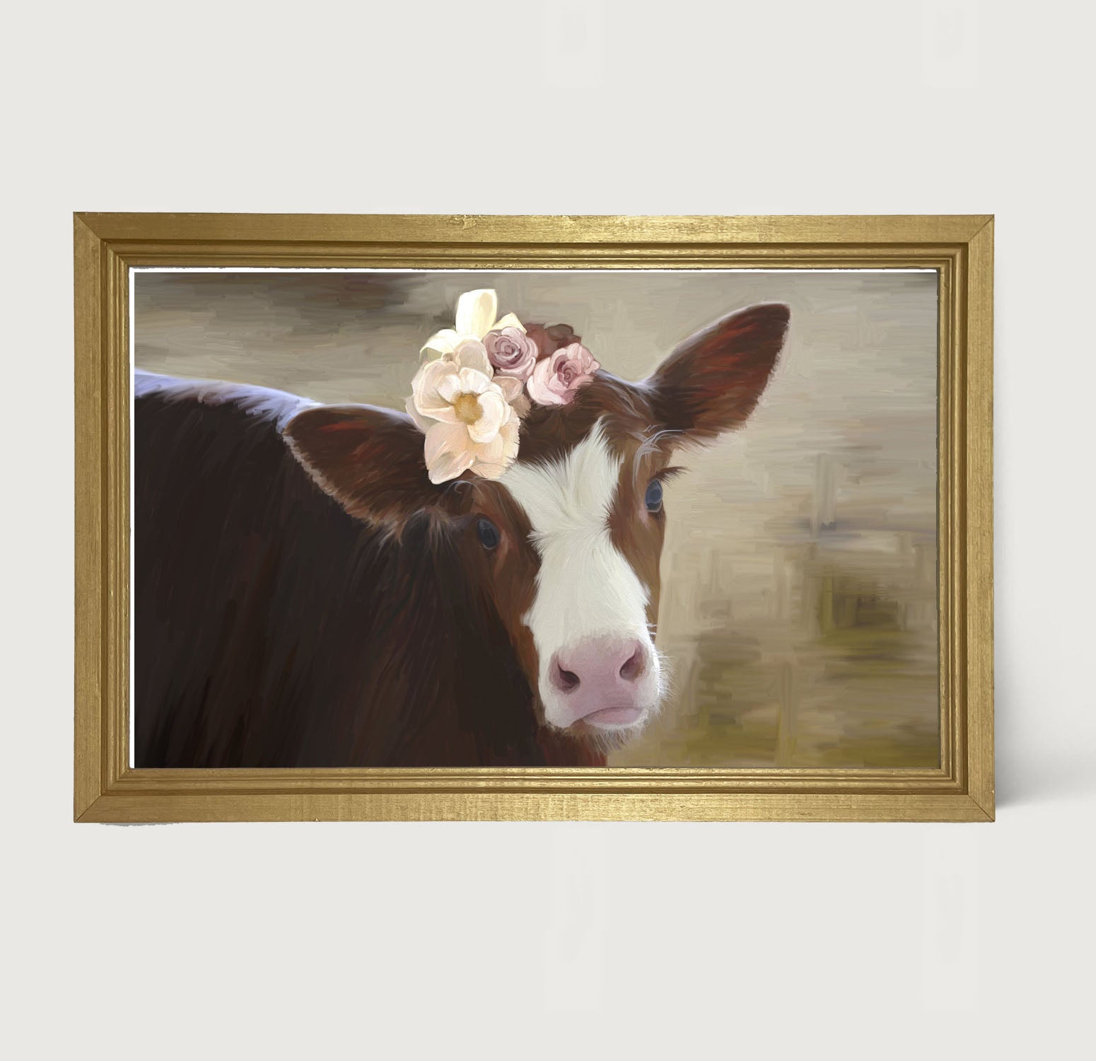 Baby cow with Flowers - Framed Art