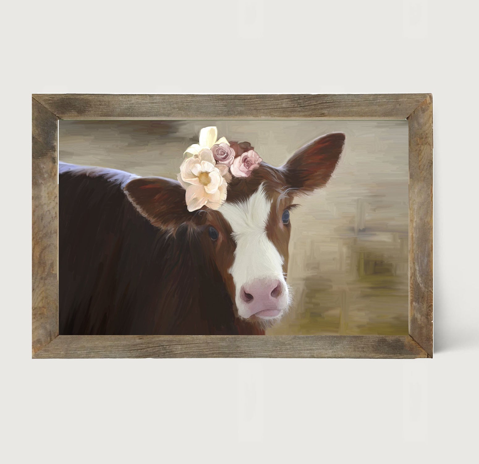 Baby cow with flowers - Framed art
