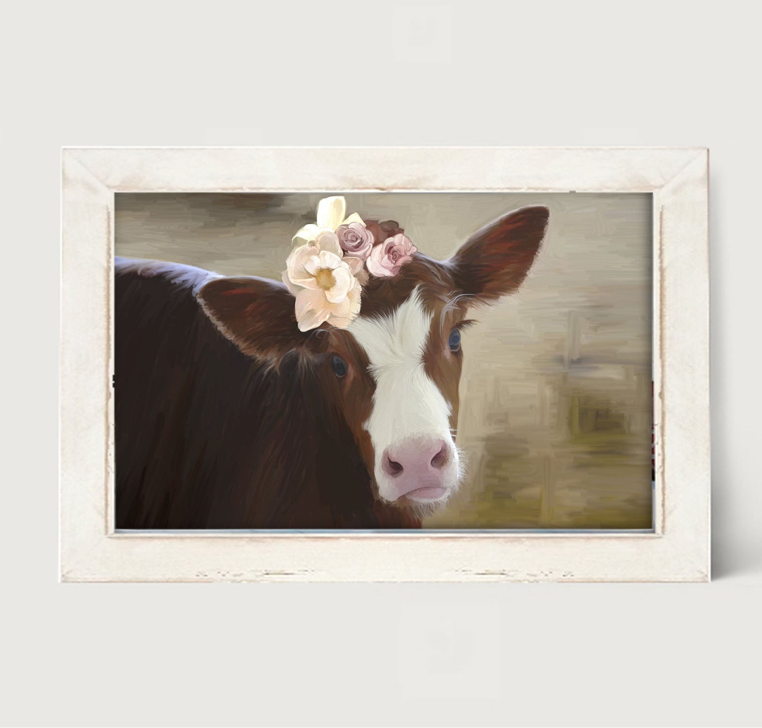 Baby cow with flowers - Framed art