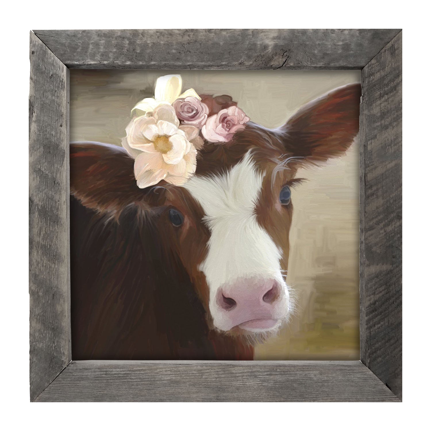 Baby cow with flowers - Framed art