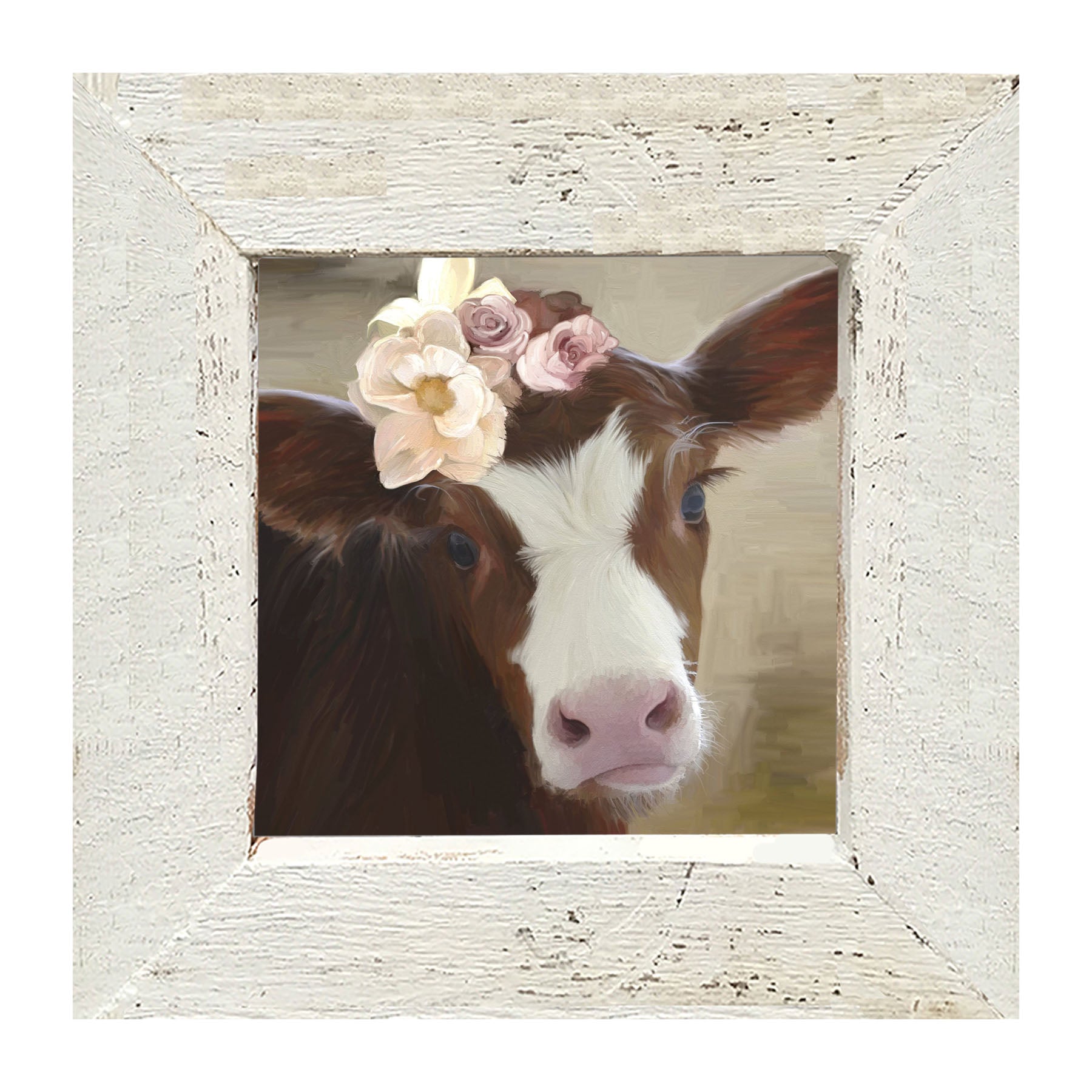 Baby cow with flowers - Framed art