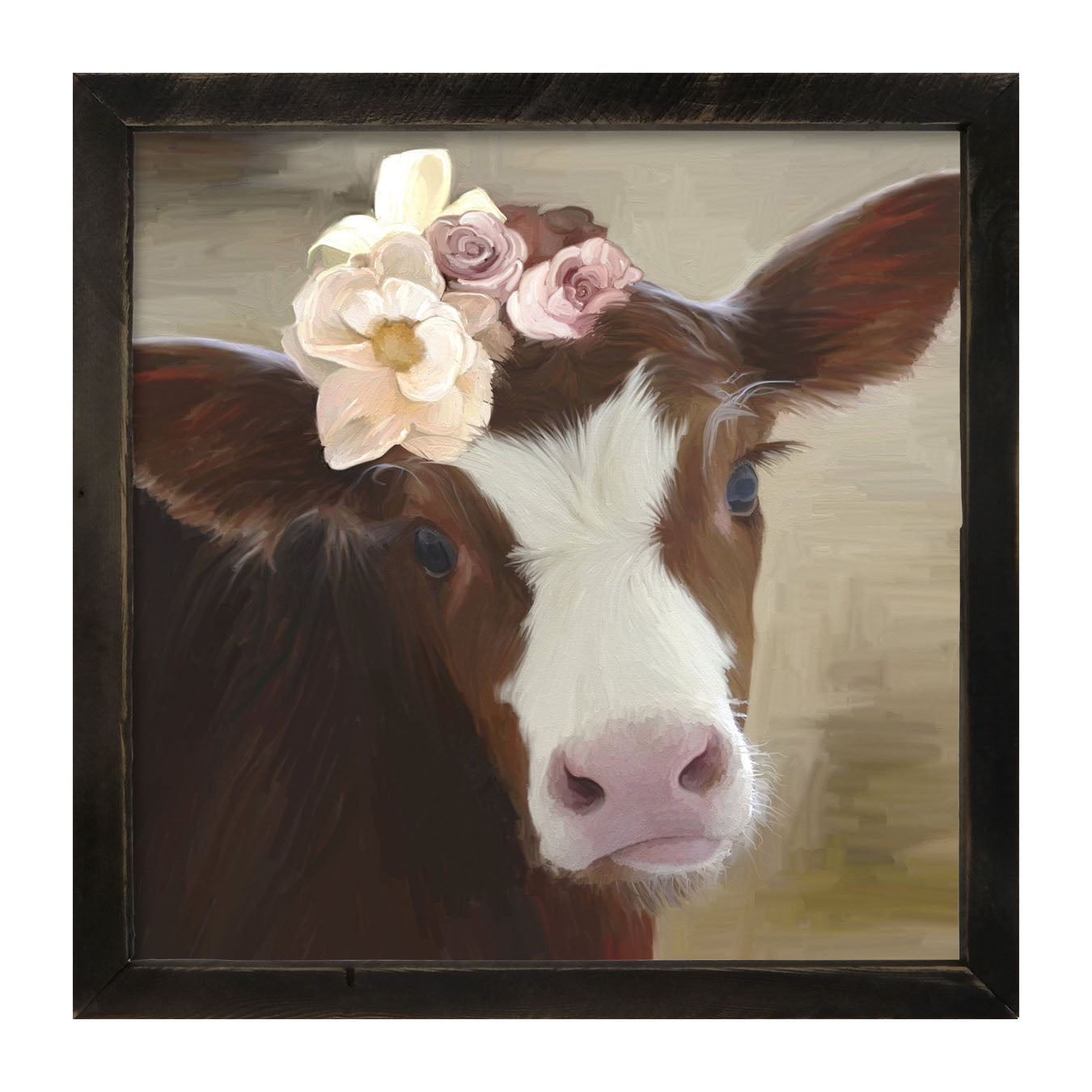 Baby cow with flowers - Framed art