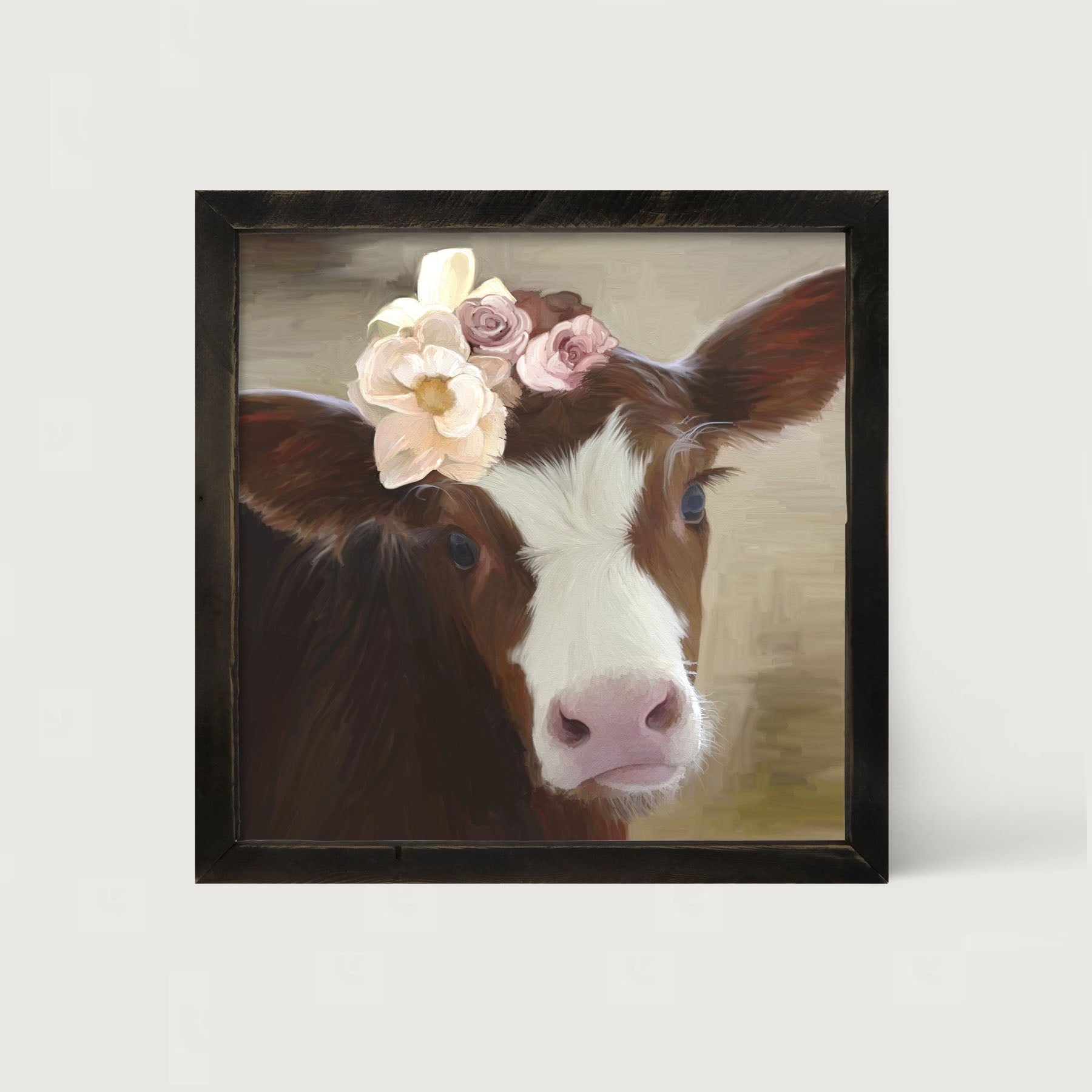 Baby cow with flowers - Framed art