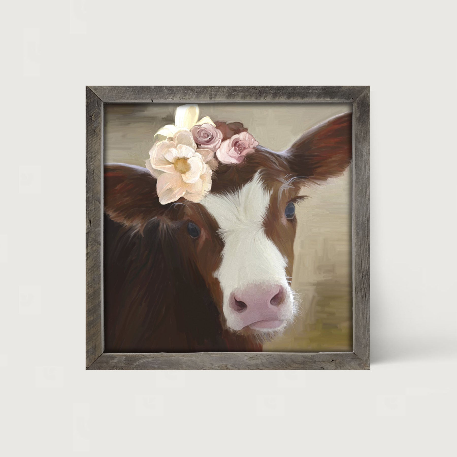Baby cow with flowers - Framed art