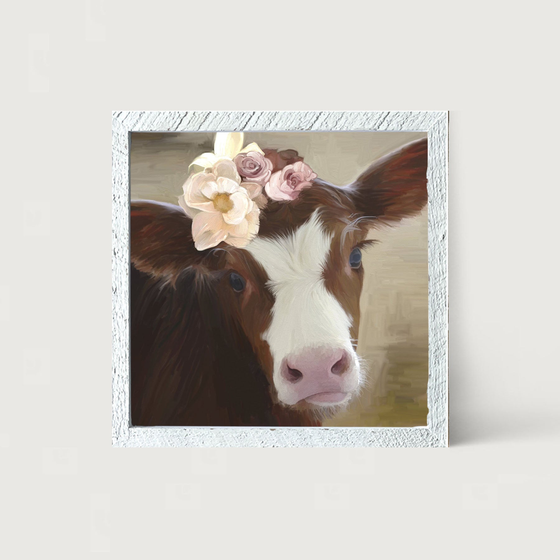 Baby cow with flowers - Framed art