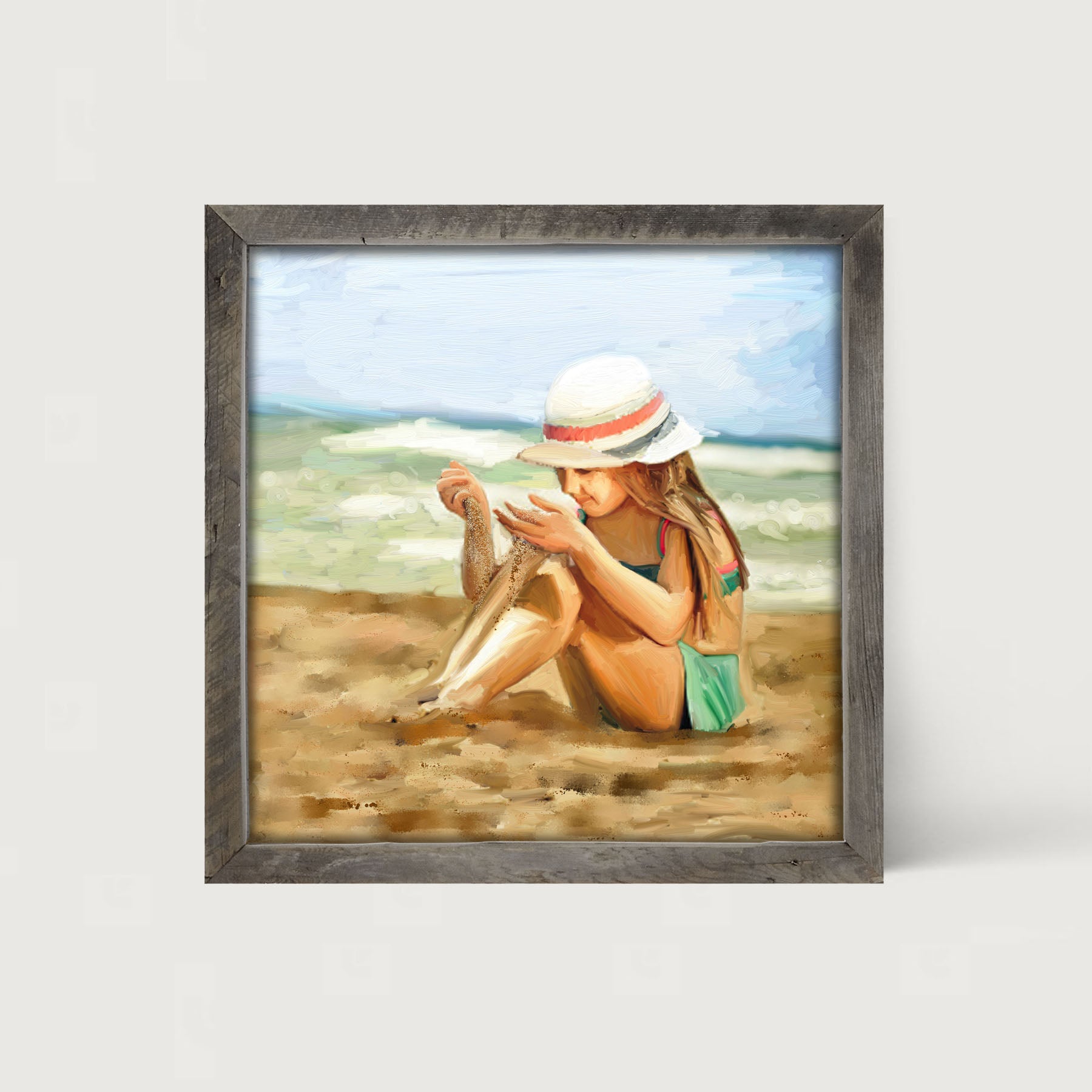 Girl Playing in Sand - Framed art