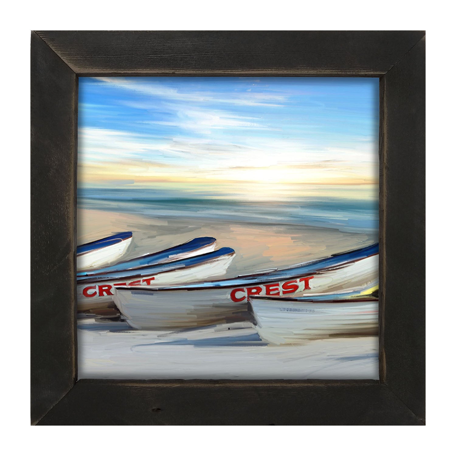 Crest Rowing Boats on Jersey Shore - Framed art