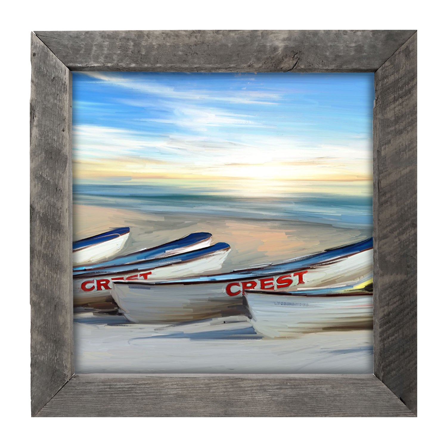 Crest Rowing Boats on Jersey Shore - Framed art