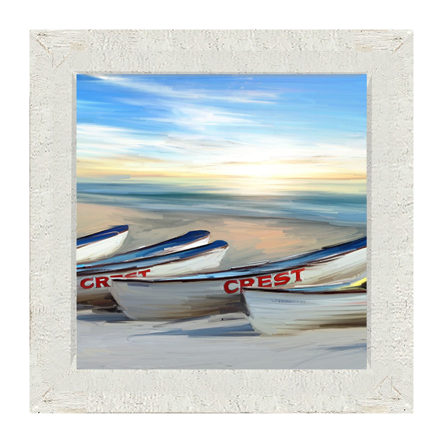 Crest Rowing Boats on Jersey Shore - Framed art