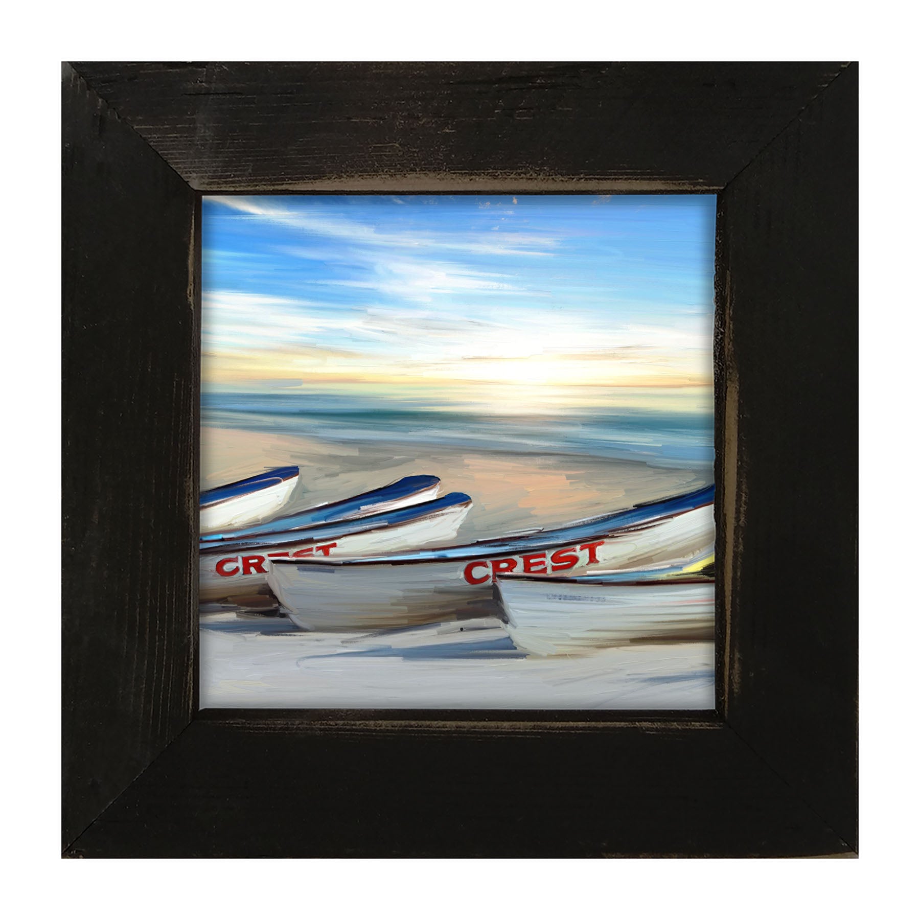 Crest Rowing Boats on Jersey Shore - Framed art