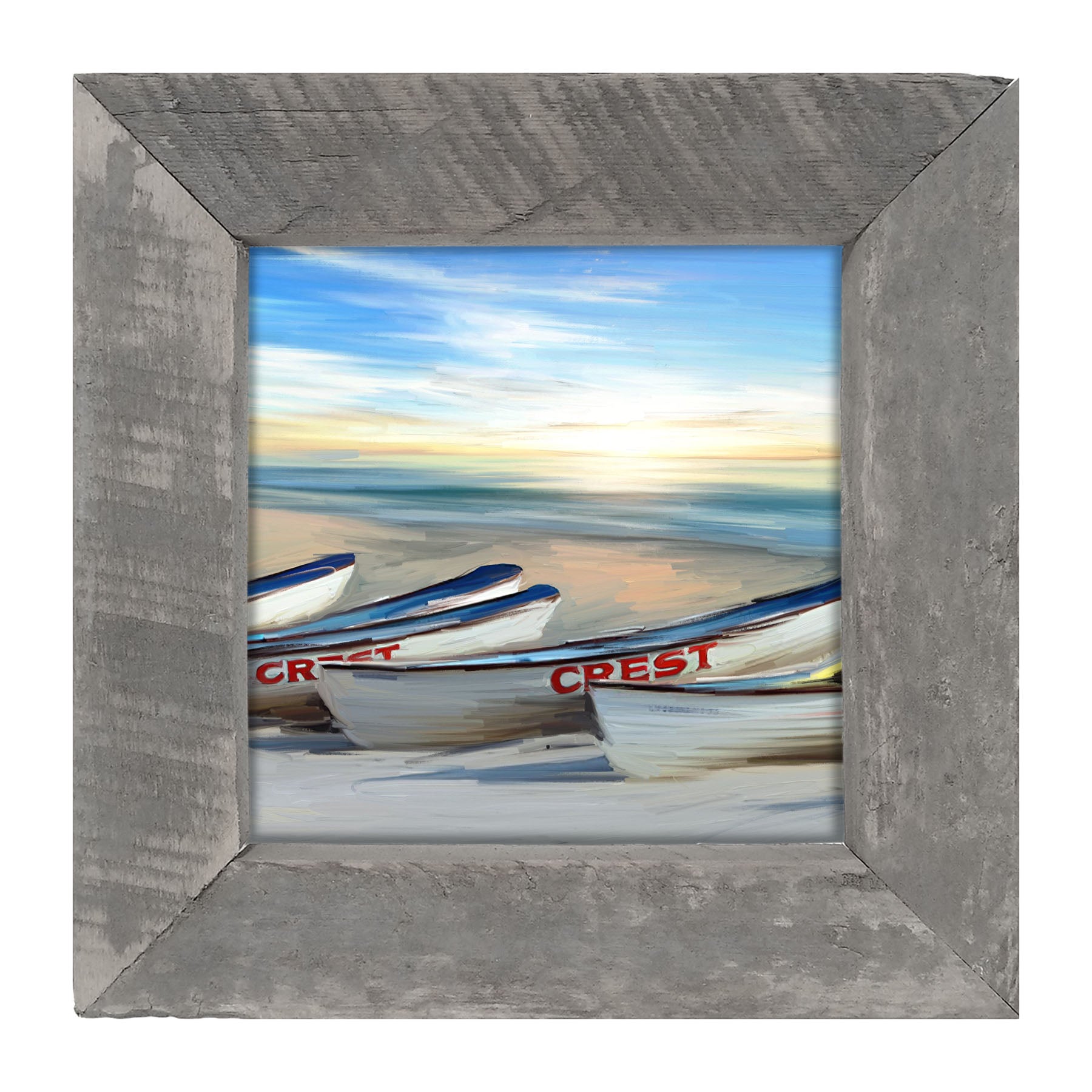 Crest Rowing Boats on Jersey Shore - Framed art