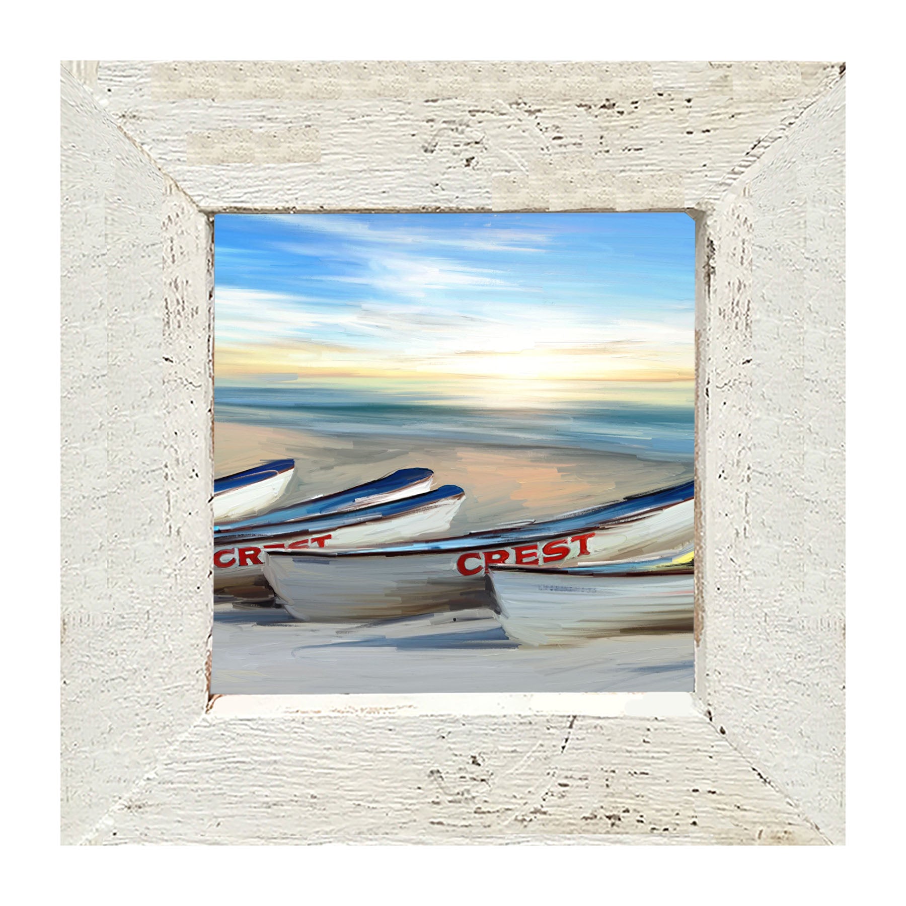 Crest Rowing Boats on Jersey Shore - Framed art