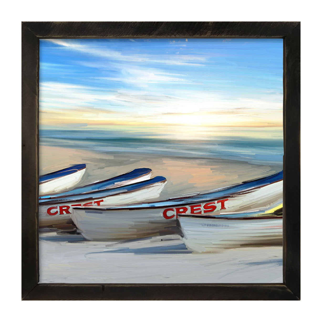 Crest Rowing Boats on Jersey Shore - Framed art
