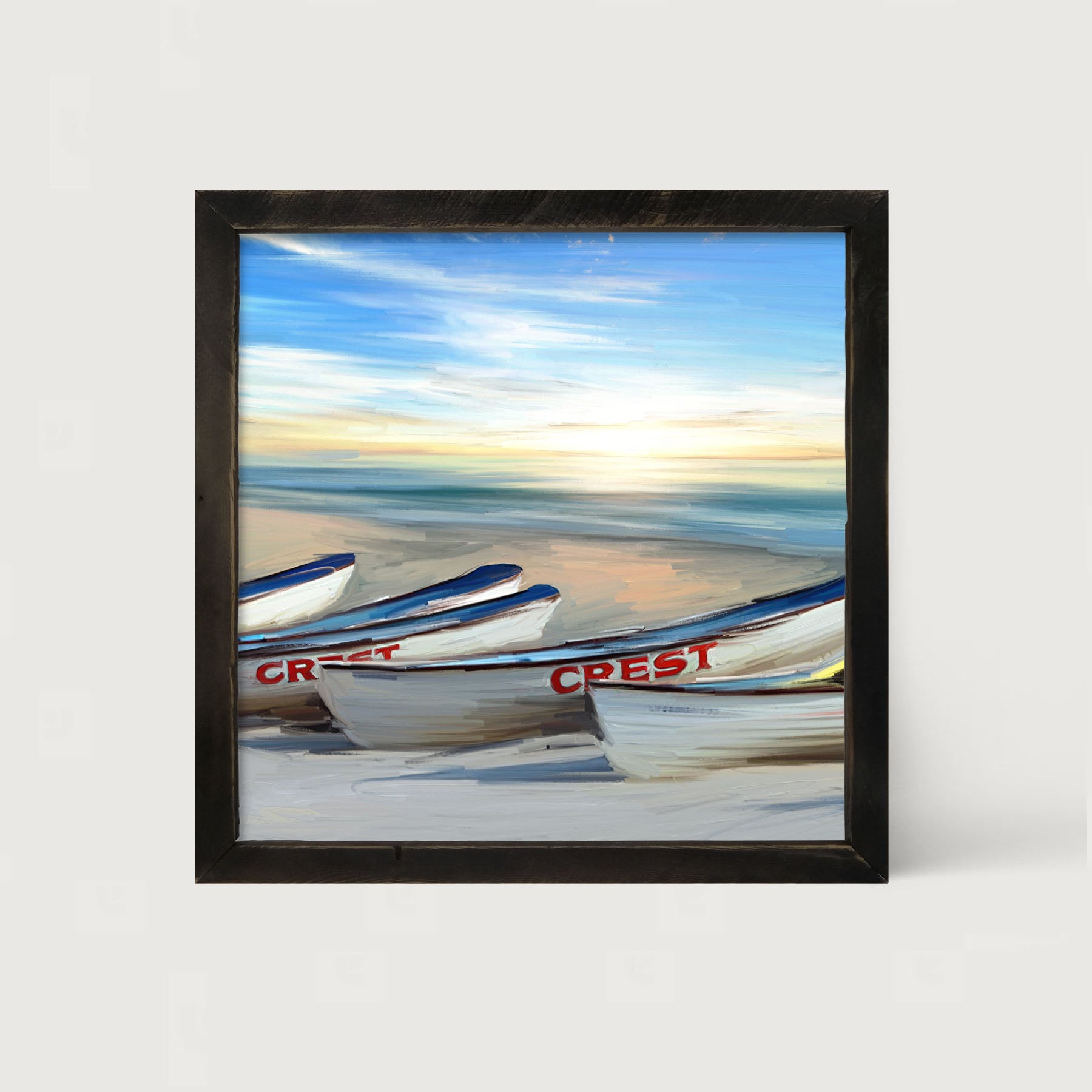 Crest Rowing Boats on Jersey Shore - Framed art