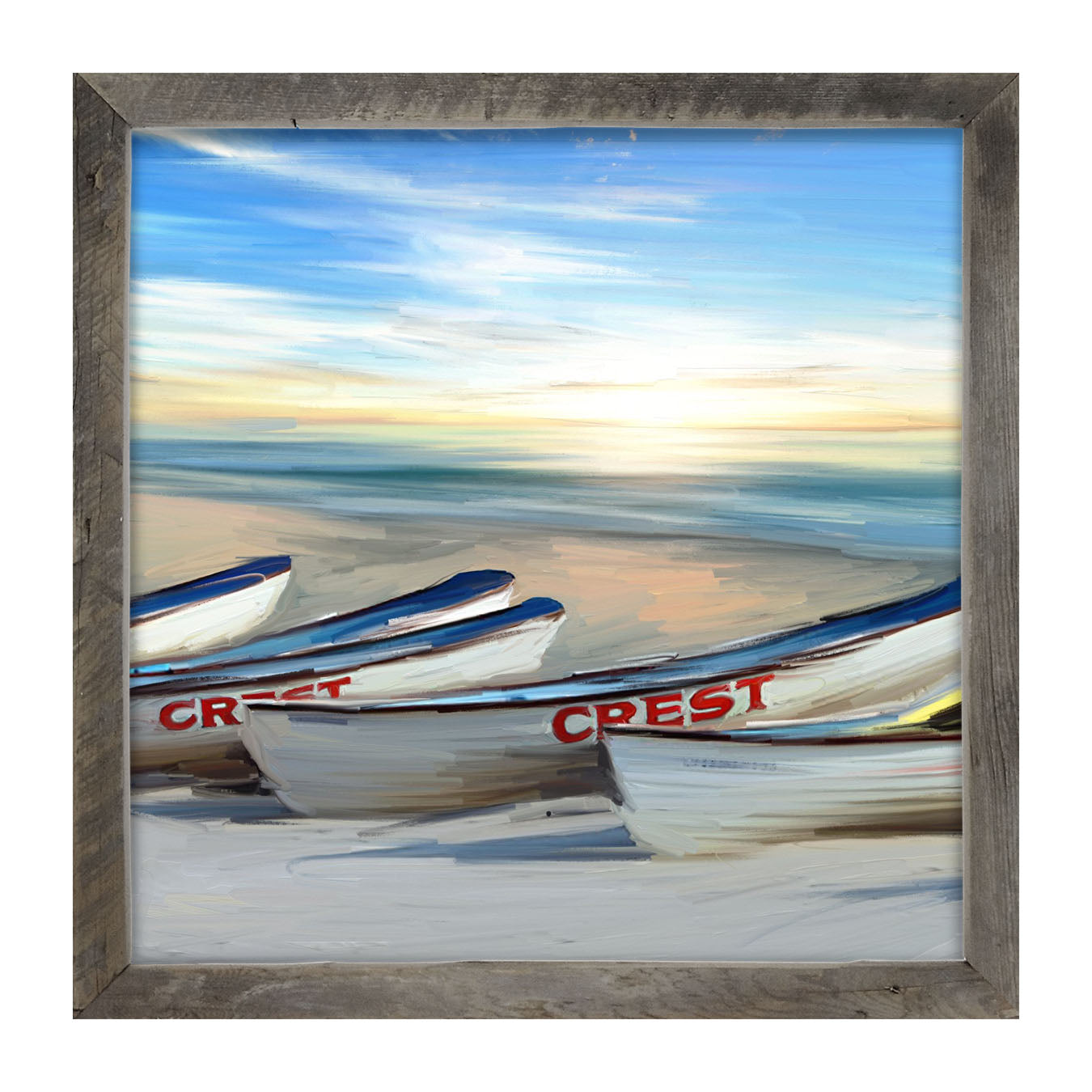 Crest Rowing Boats on Jersey Shore - Framed art