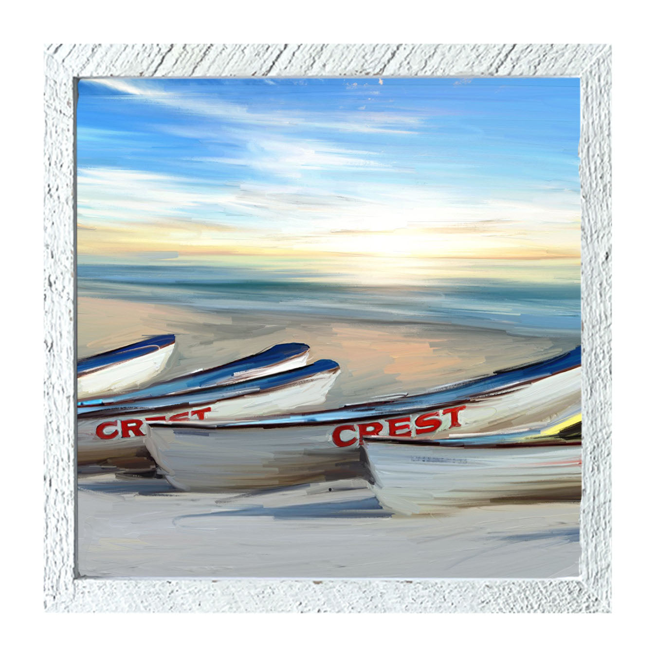 Crest Rowing Boats on Jersey Shore - Framed art