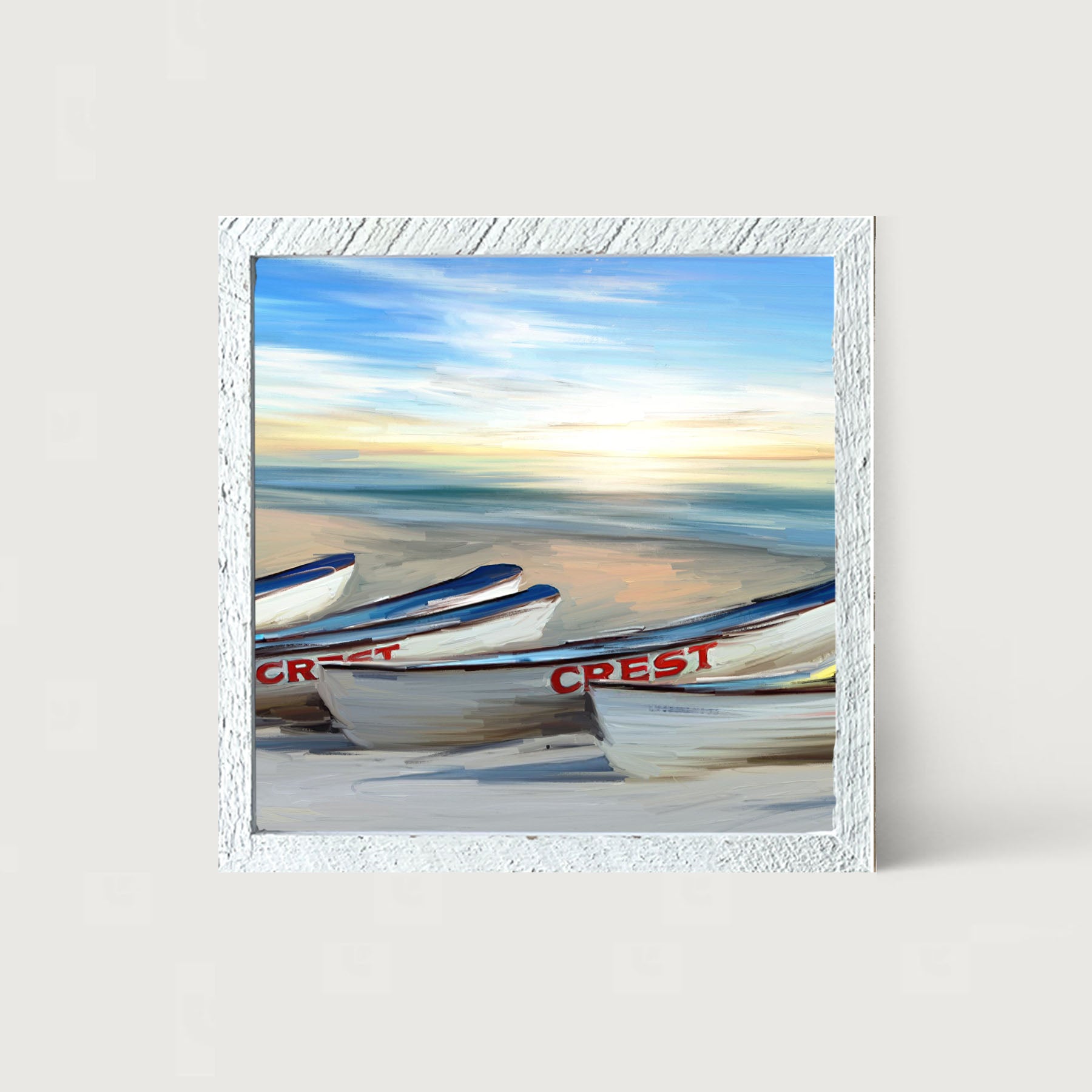 Crest Rowing Boats on Jersey Shore - Framed art
