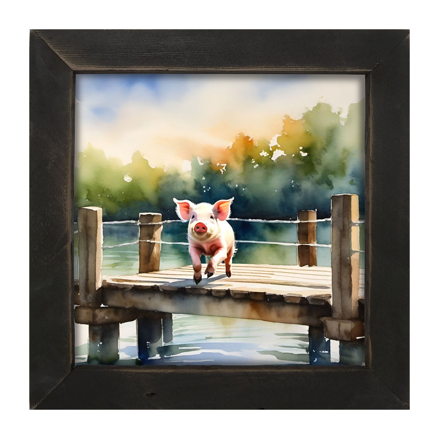 Pig jumping into lake - Framed art