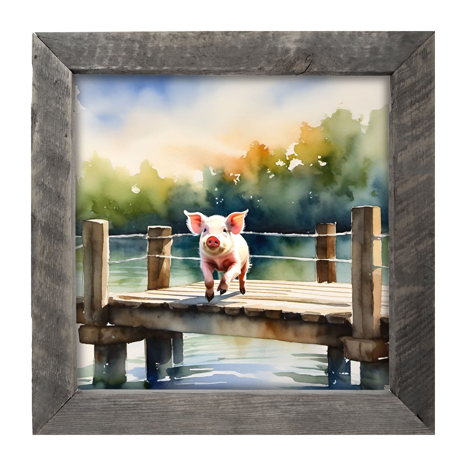 Pig jumping into lake - Framed art