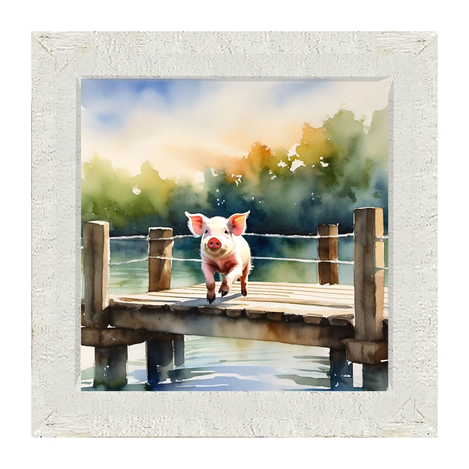 Pig jumping into lake - Framed art