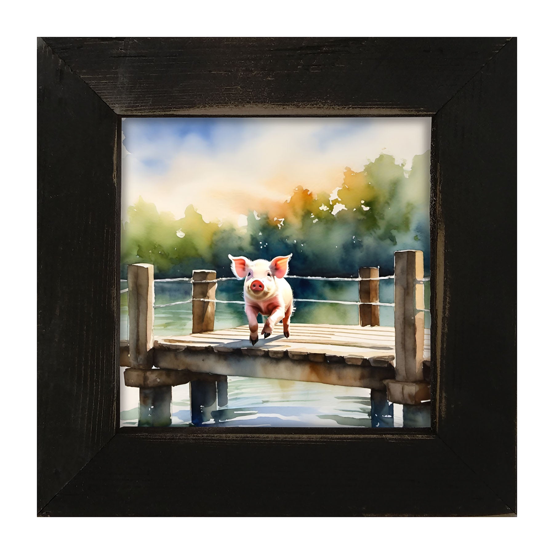 Pig jumping into lake - Framed art