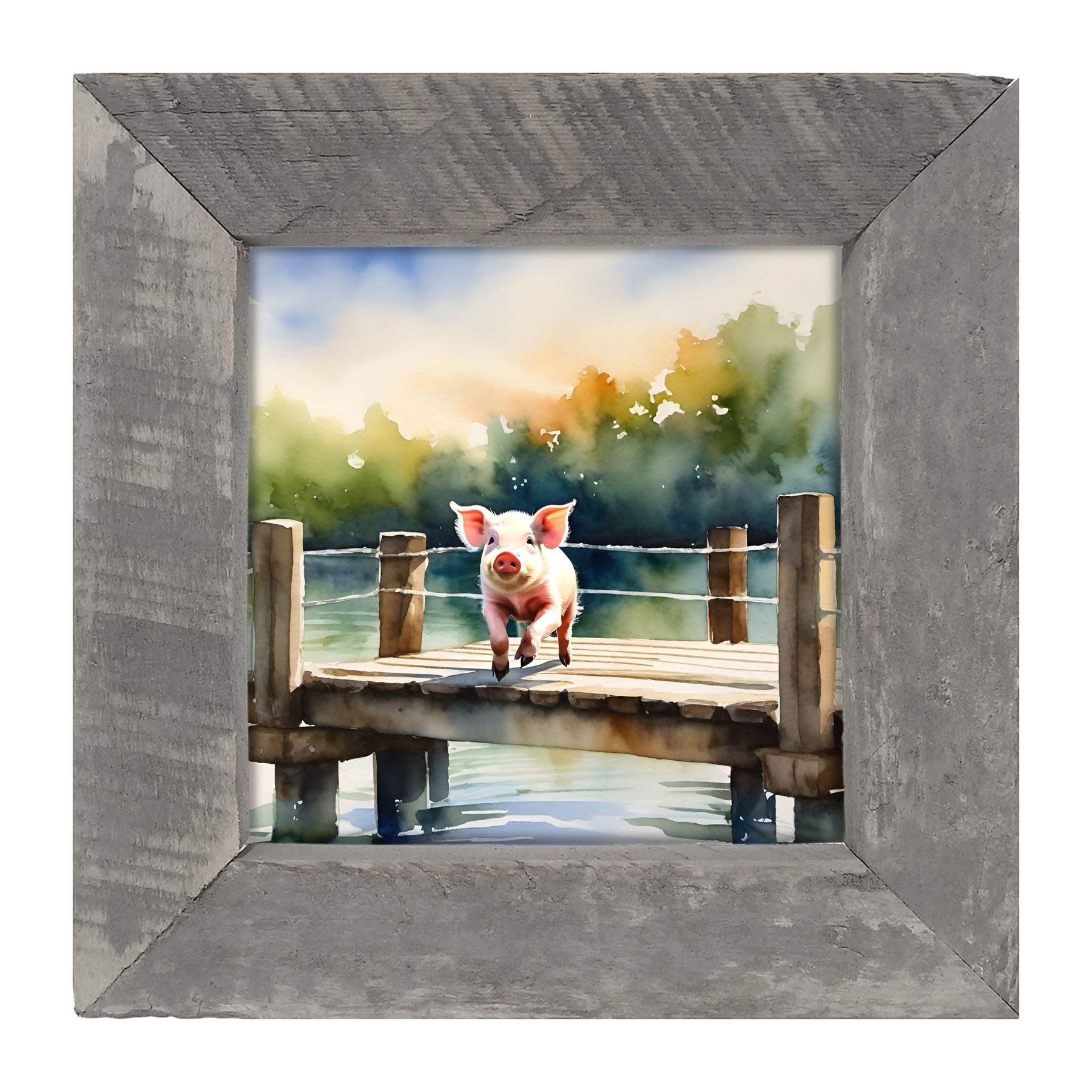 Pig jumping into lake - Framed art
