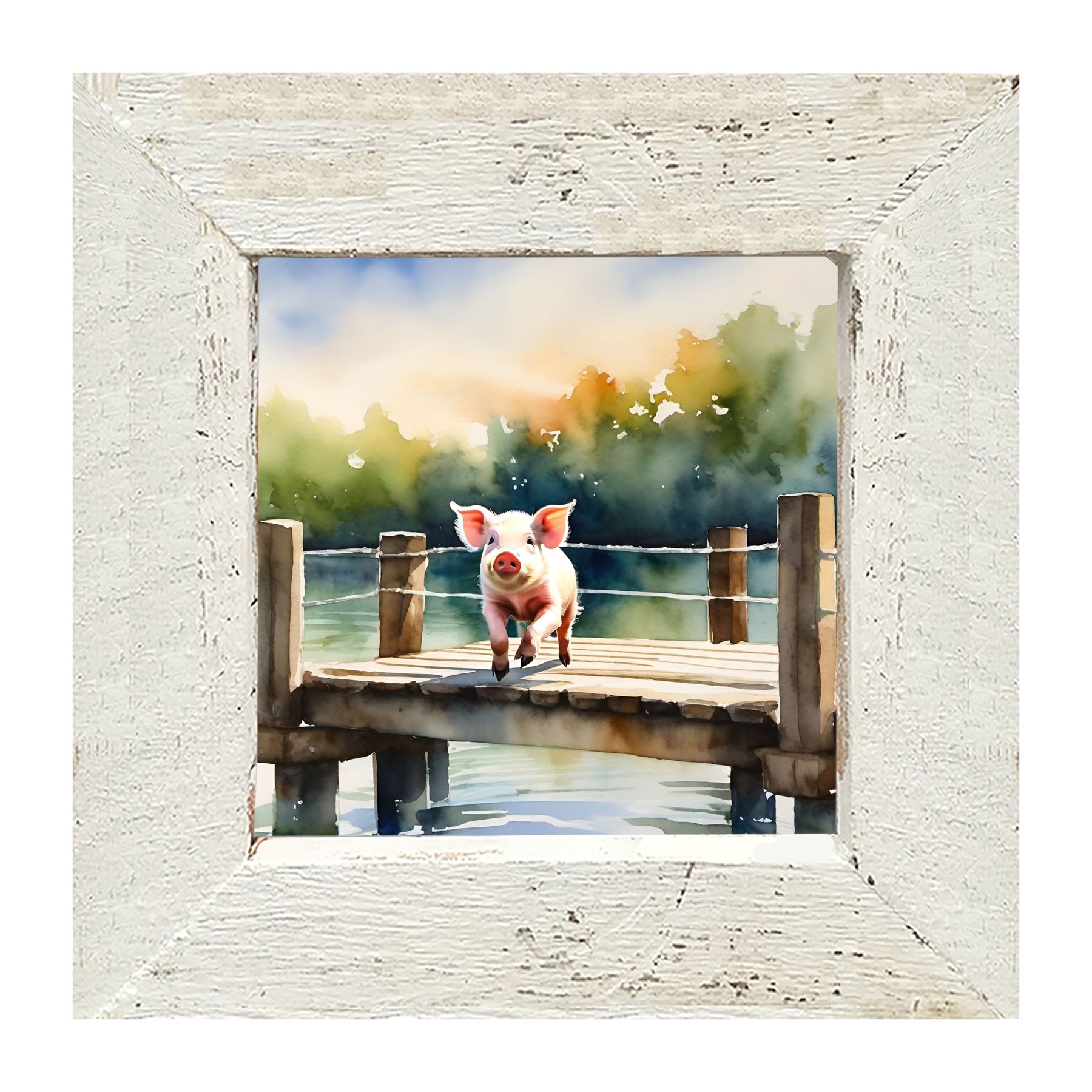 Pig jumping into lake - Framed art
