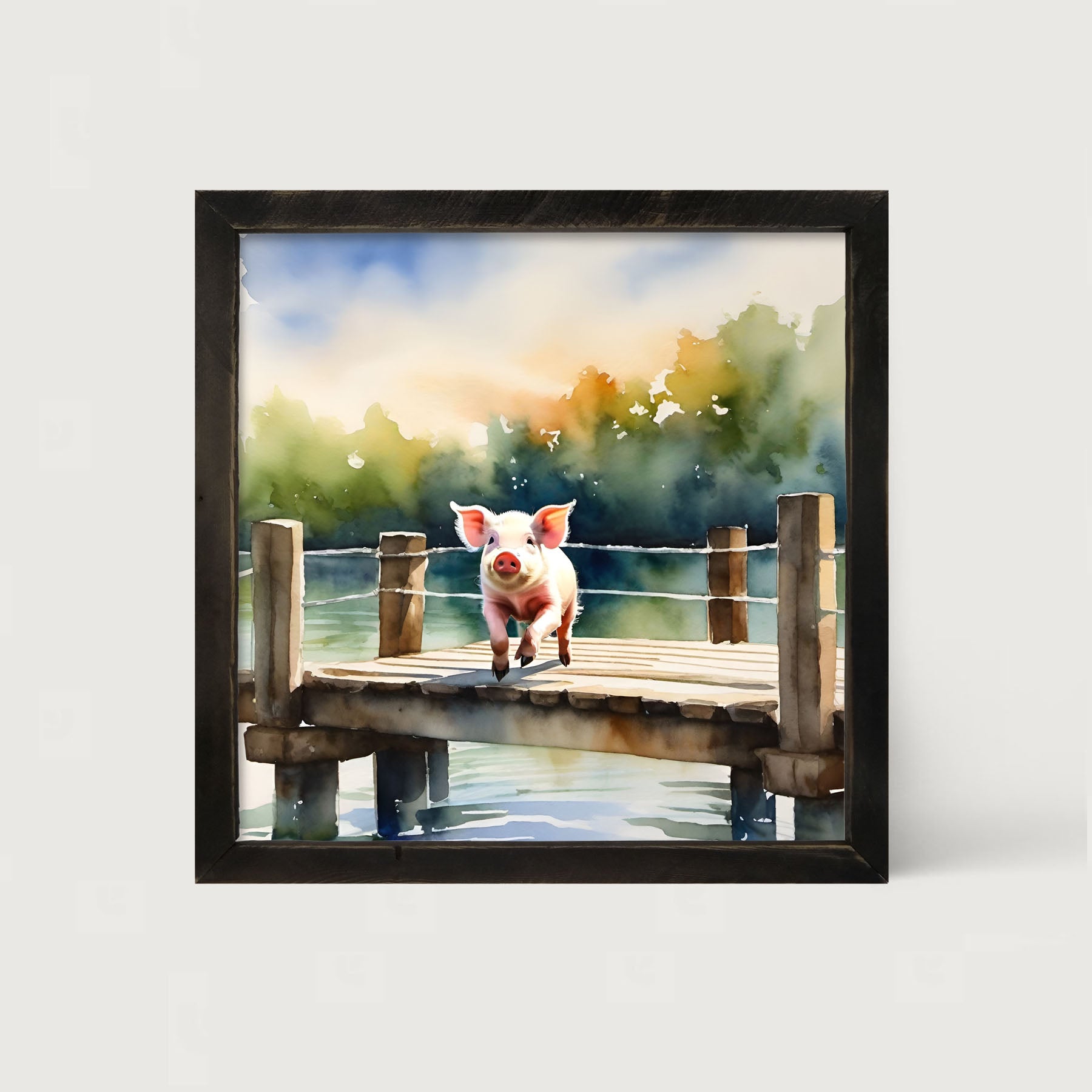 Pig jumping into lake - Framed art