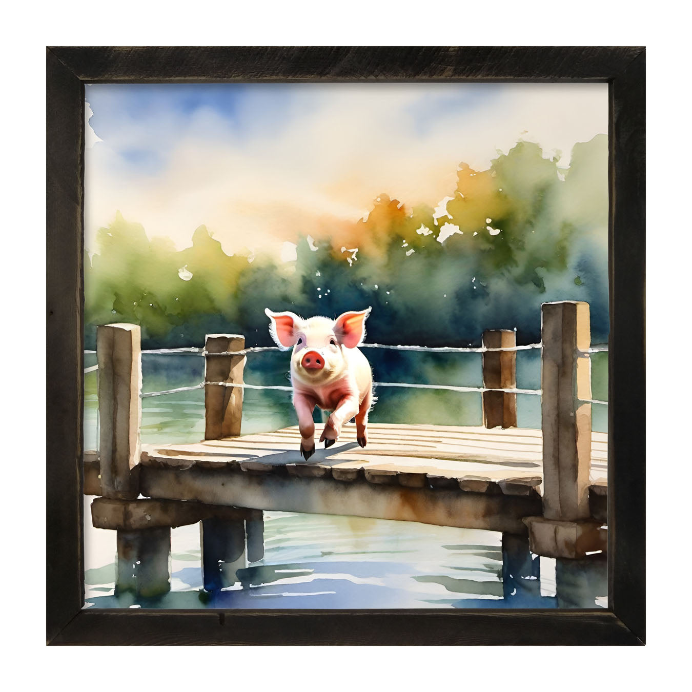 Pig jumping into lake - Framed art