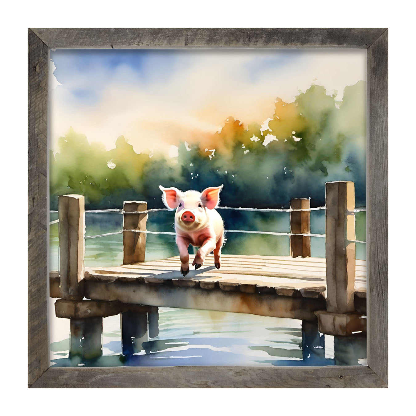 Pig jumping into lake - Framed art