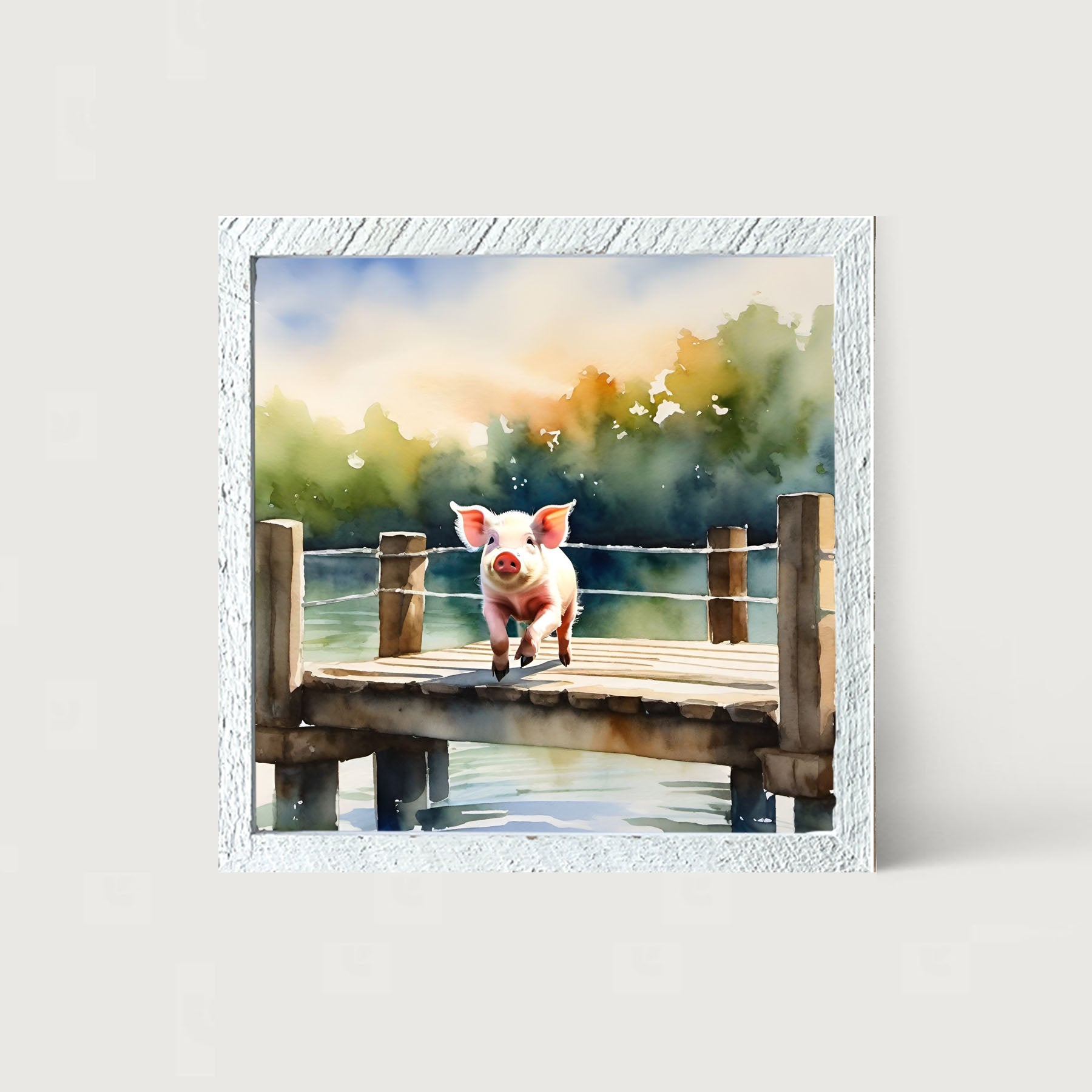 Pig jumping into lake - Framed art