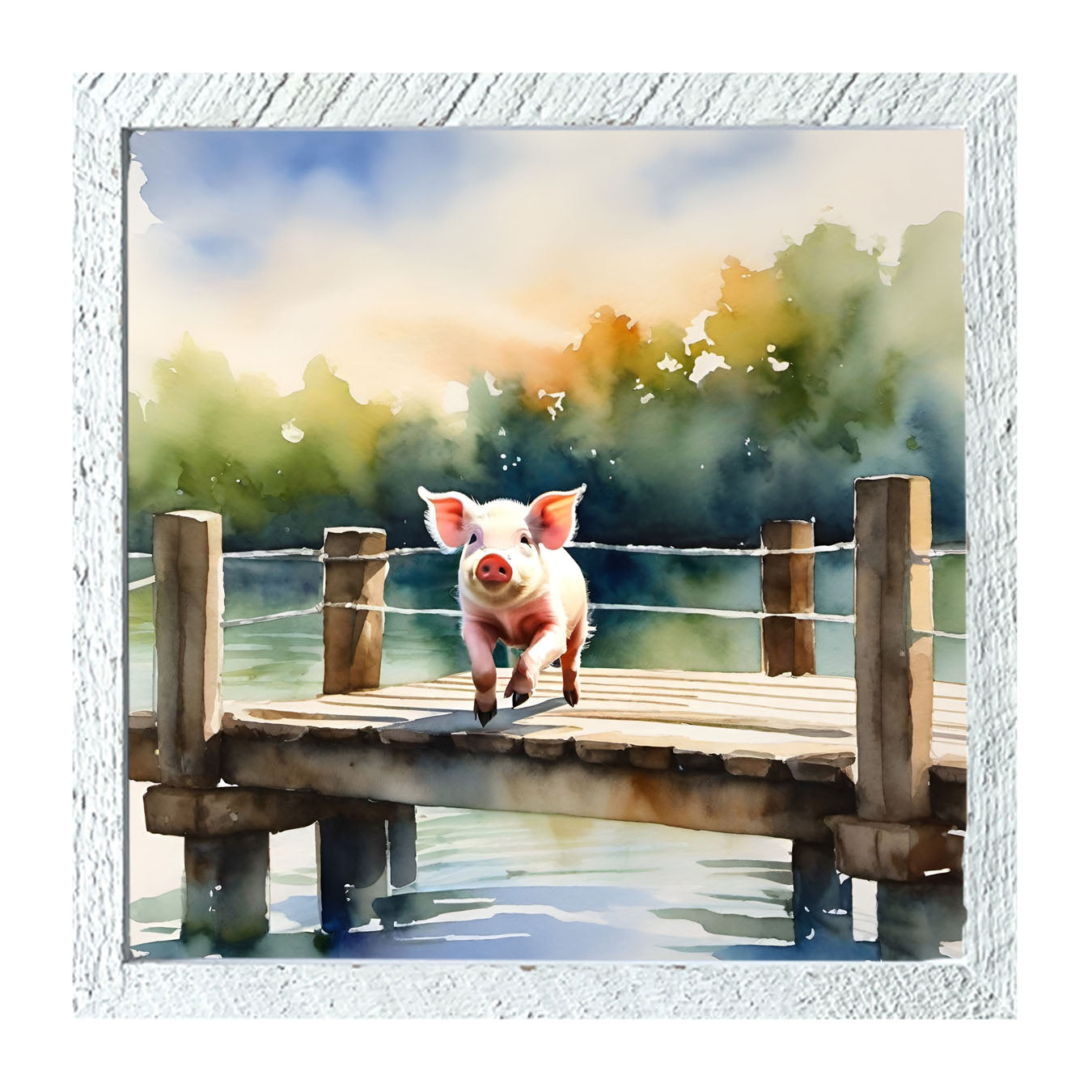 Pig jumping into lake - Framed art