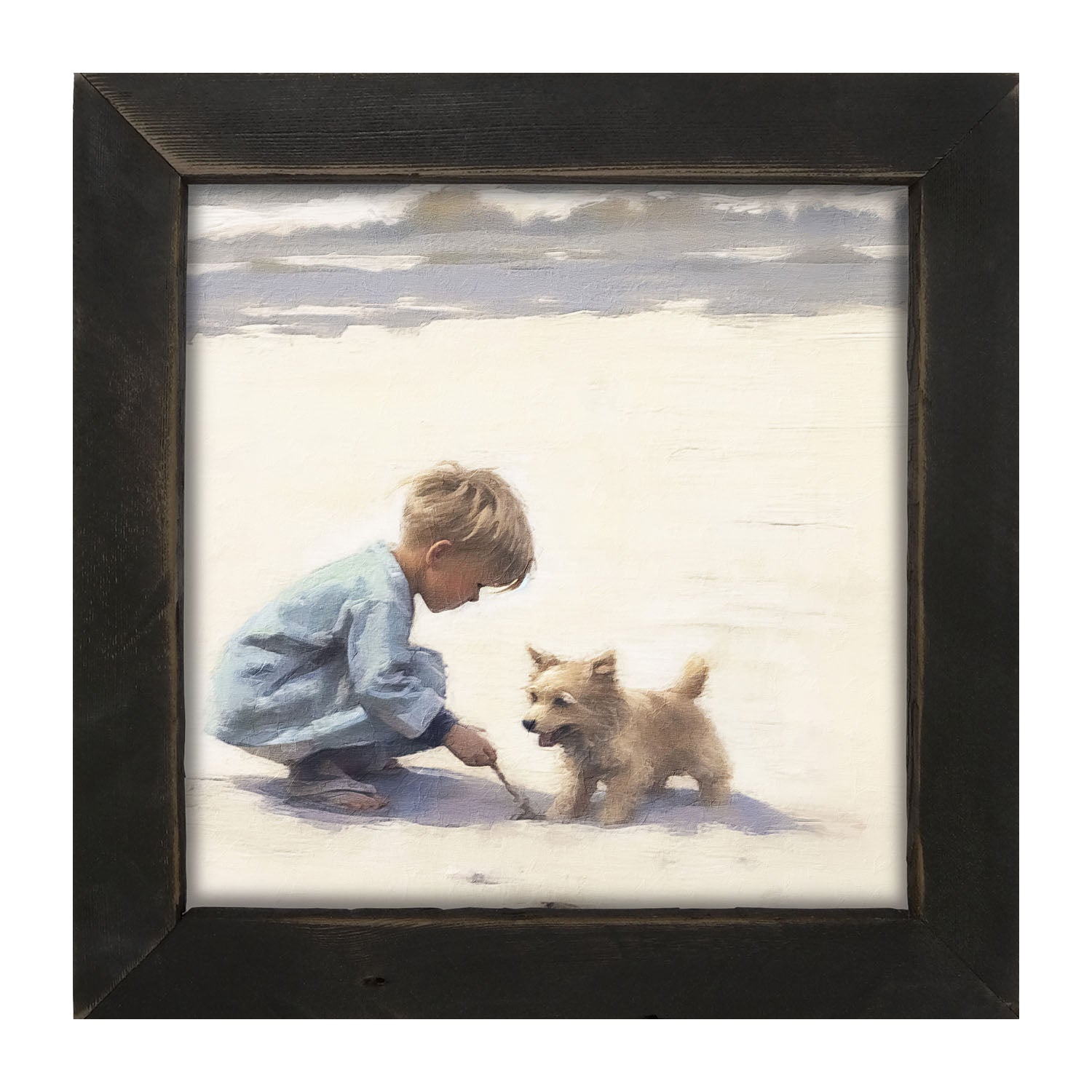 Boy with dog on beach - Framed art