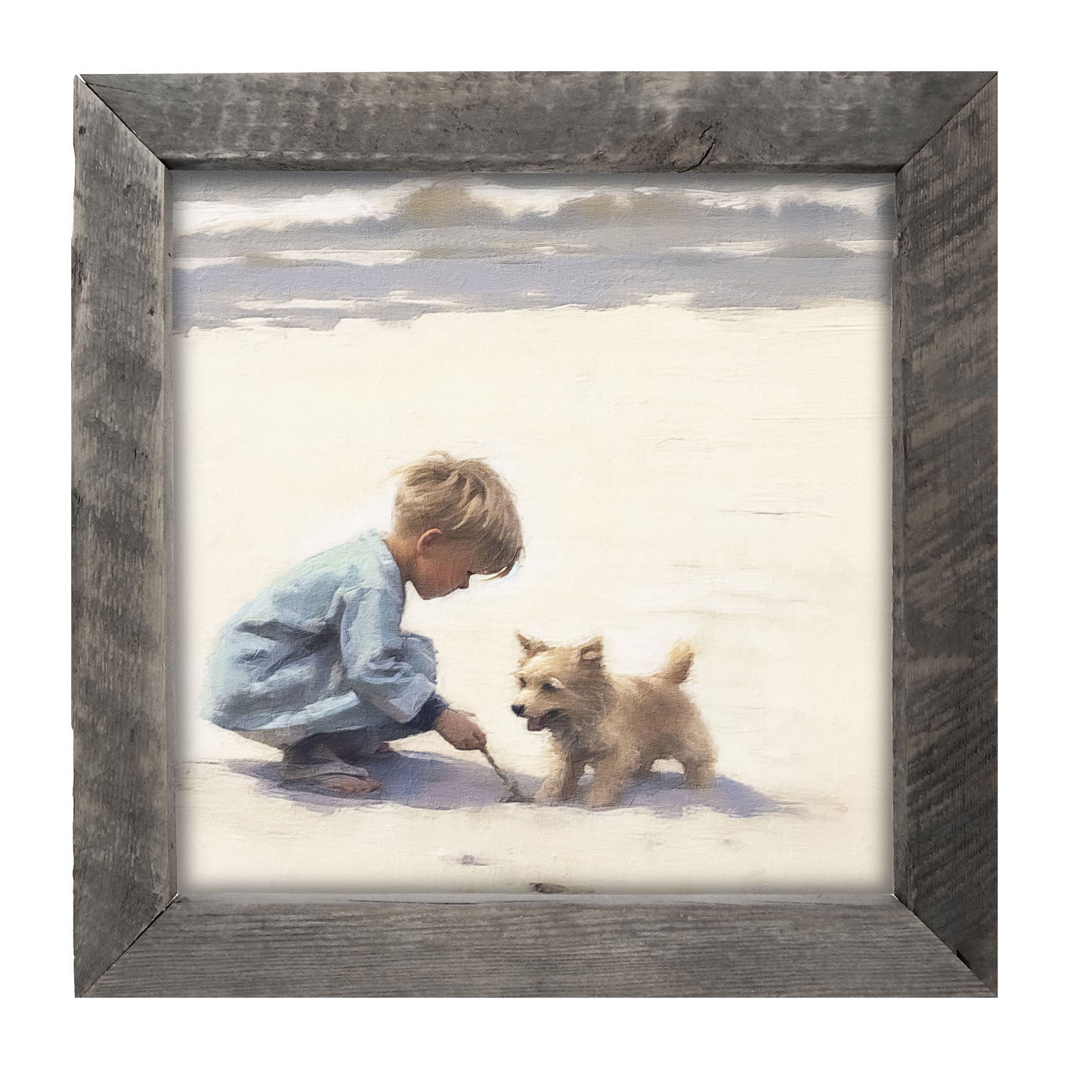 Boy with dog on beach - Framed art