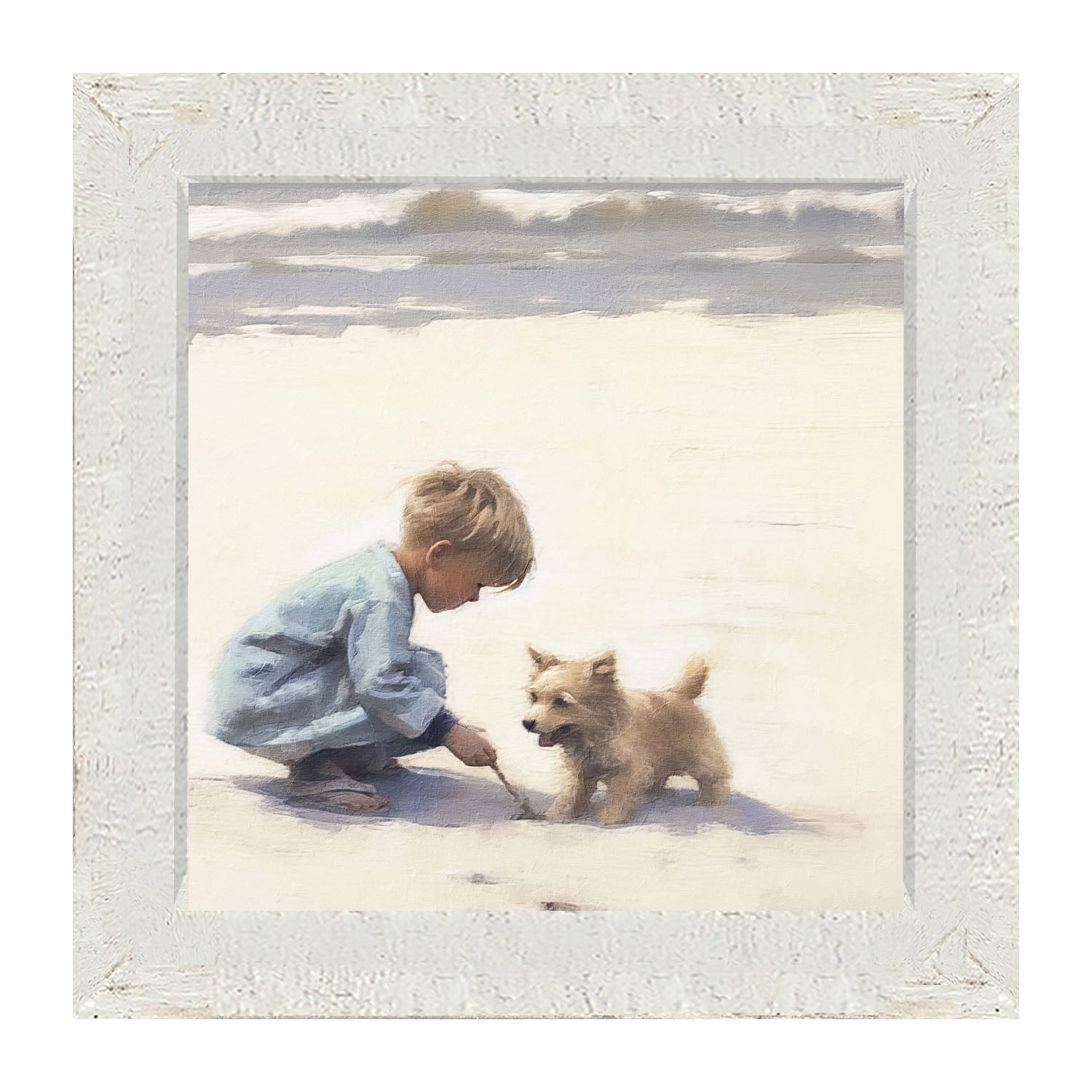 Boy with dog on beach - Framed art