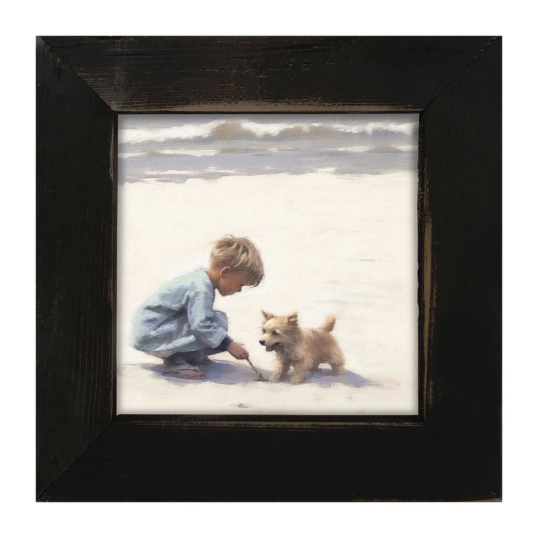 Boy with dog on beach - Framed art