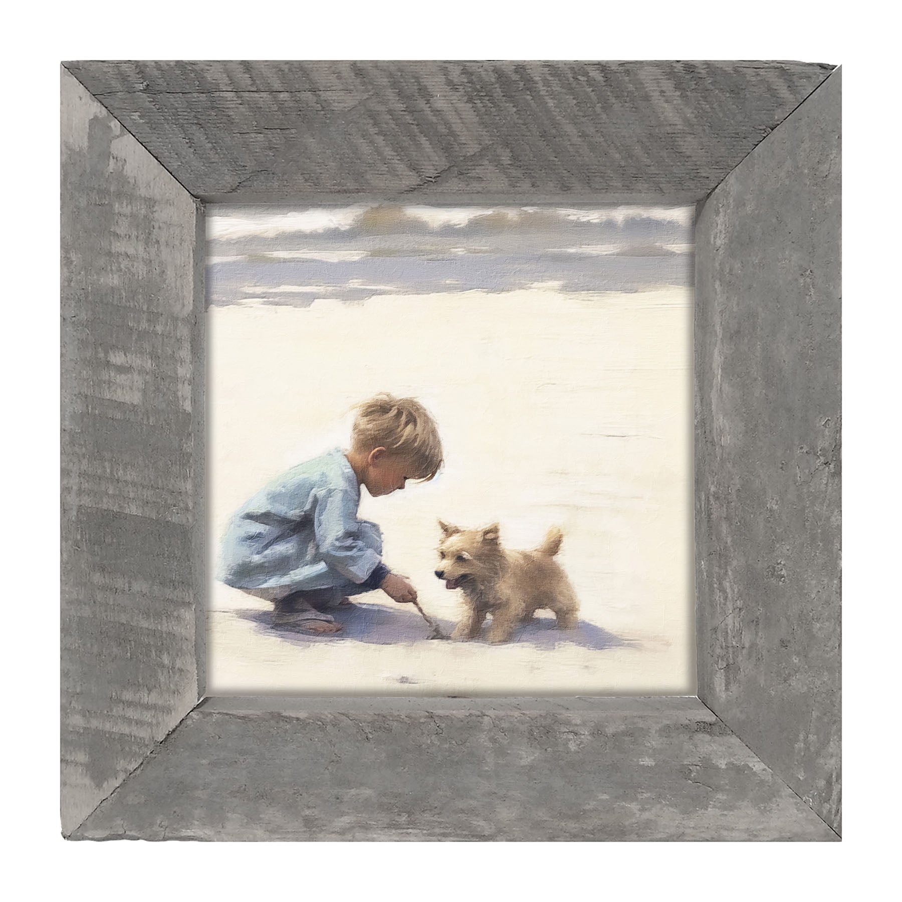 Boy with dog on beach - Framed art
