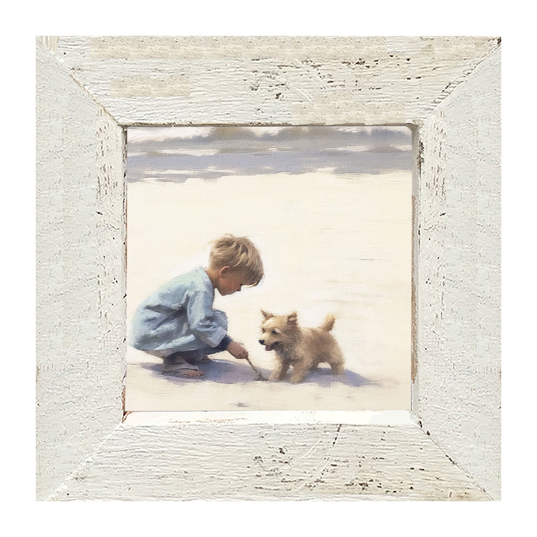 Boy with dog on beach - Framed art
