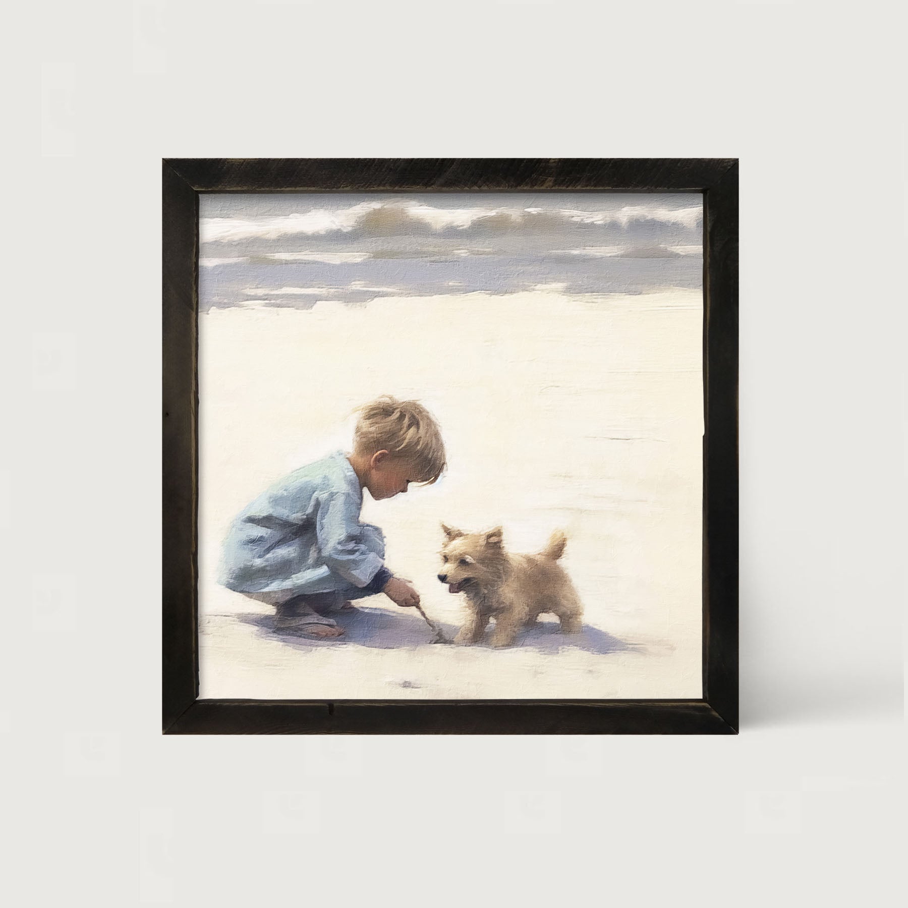 Boy with dog on beach - Framed art