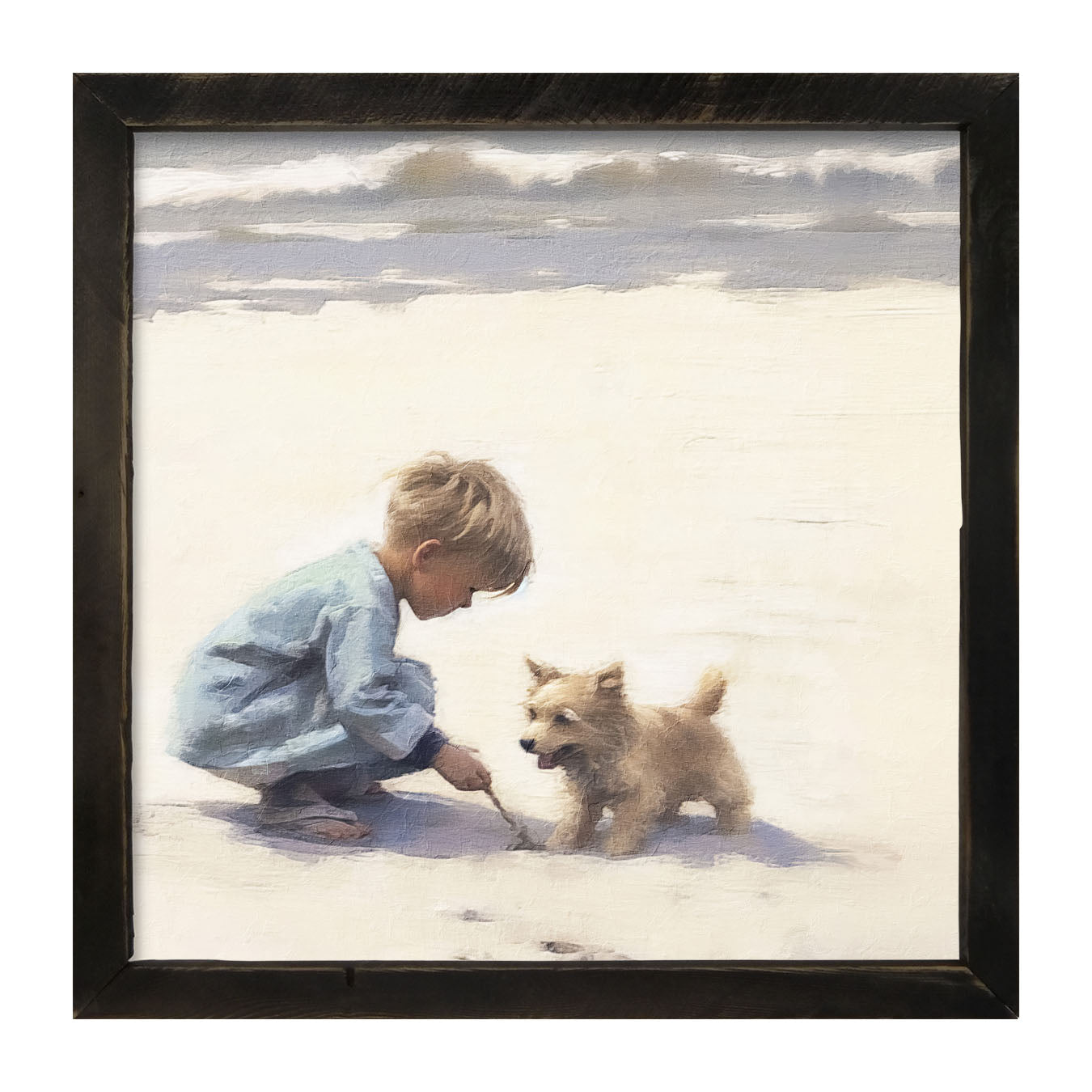 Boy with dog on beach - Framed art