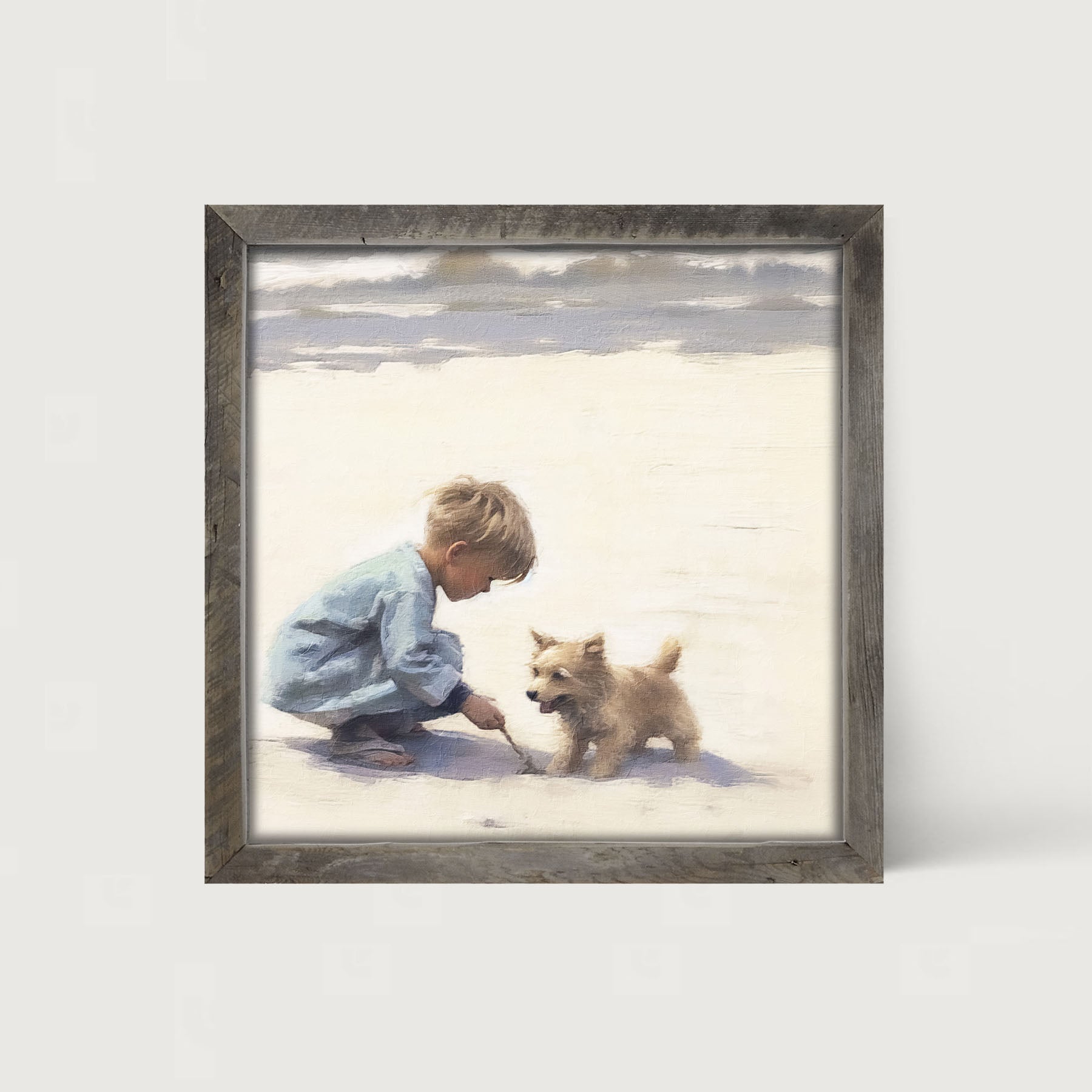 Boy with dog on beach - Framed art