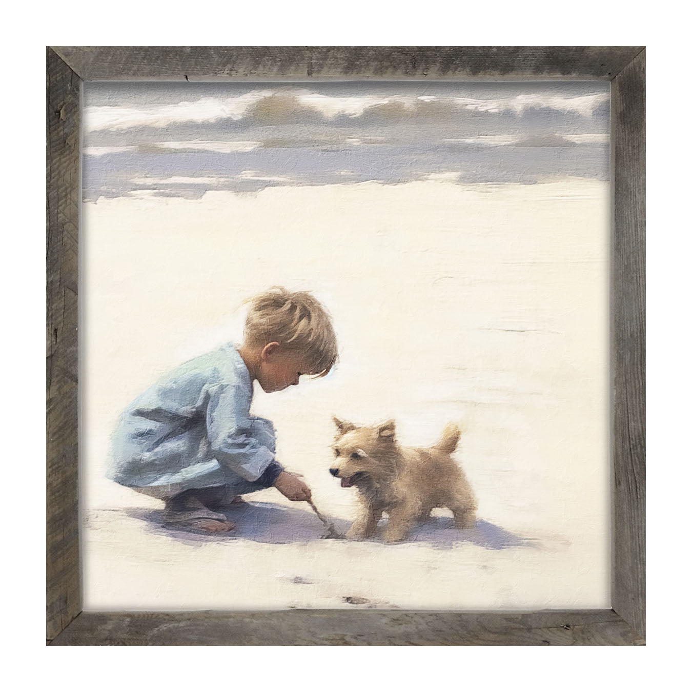 Boy with dog on beach - Framed art