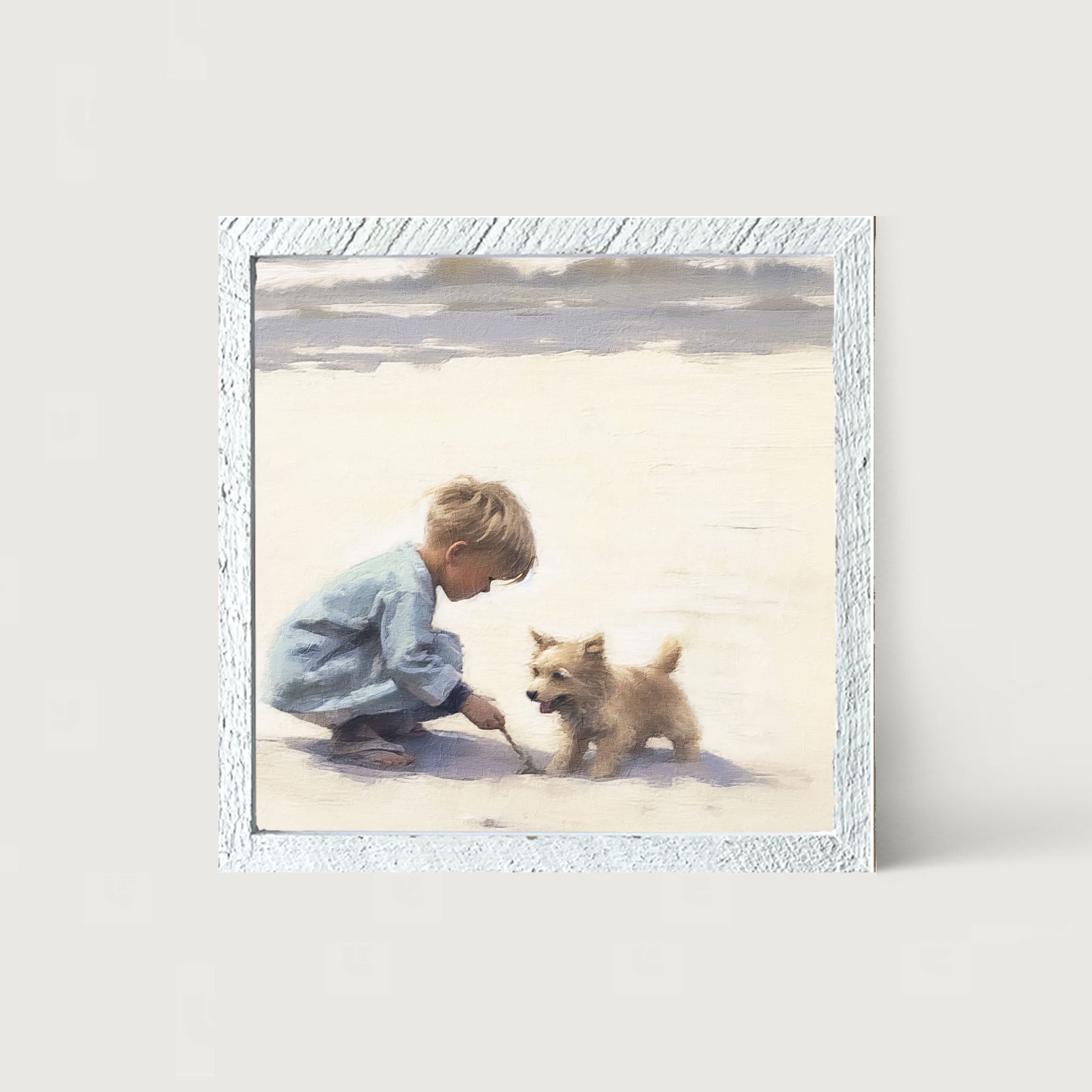 Boy with dog on beach - Framed art