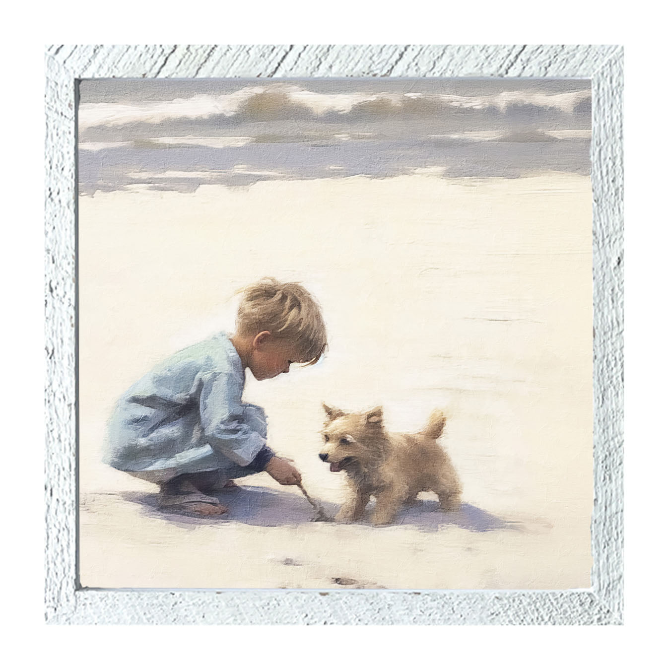 Boy with dog on beach - Framed art