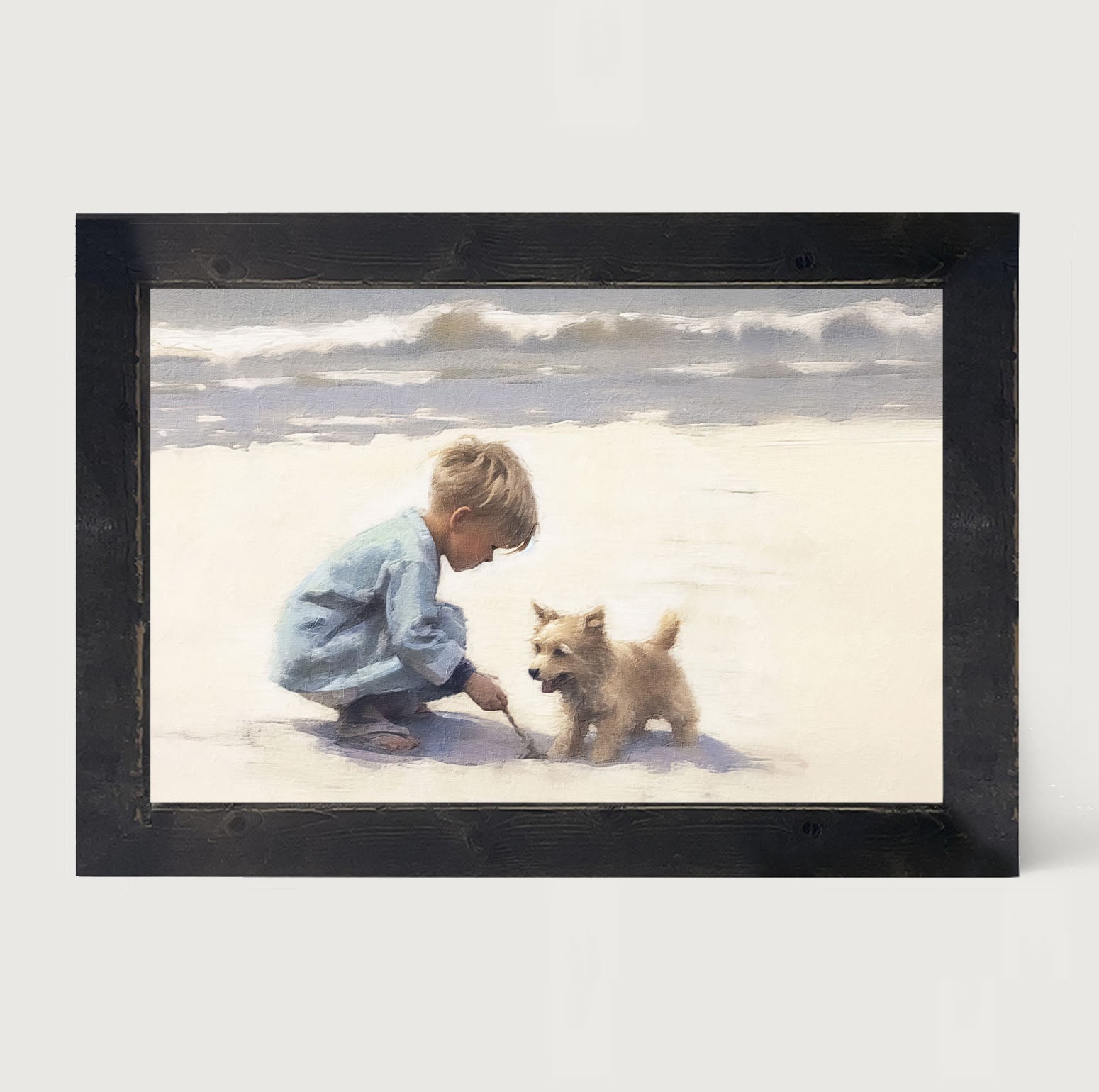 Boy with dog on beach - Framed art
