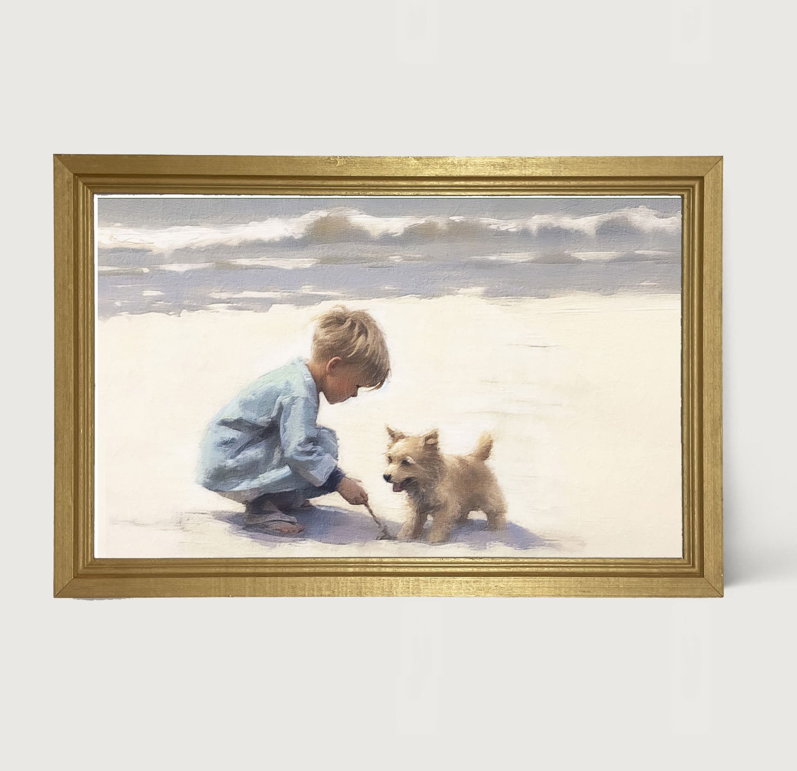 Boy with dog on beach - Framed art