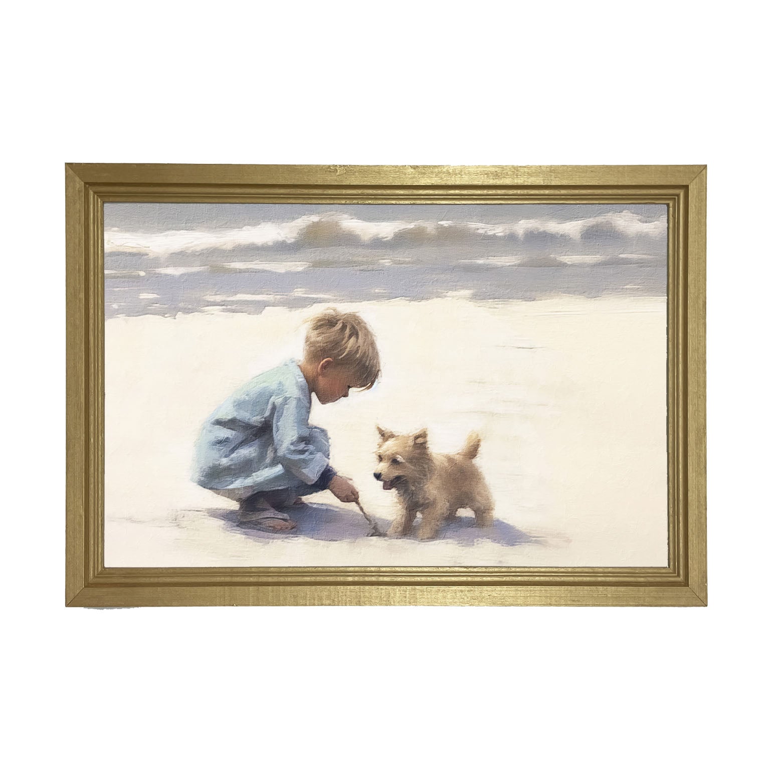 Boy with dog on beach - Framed art